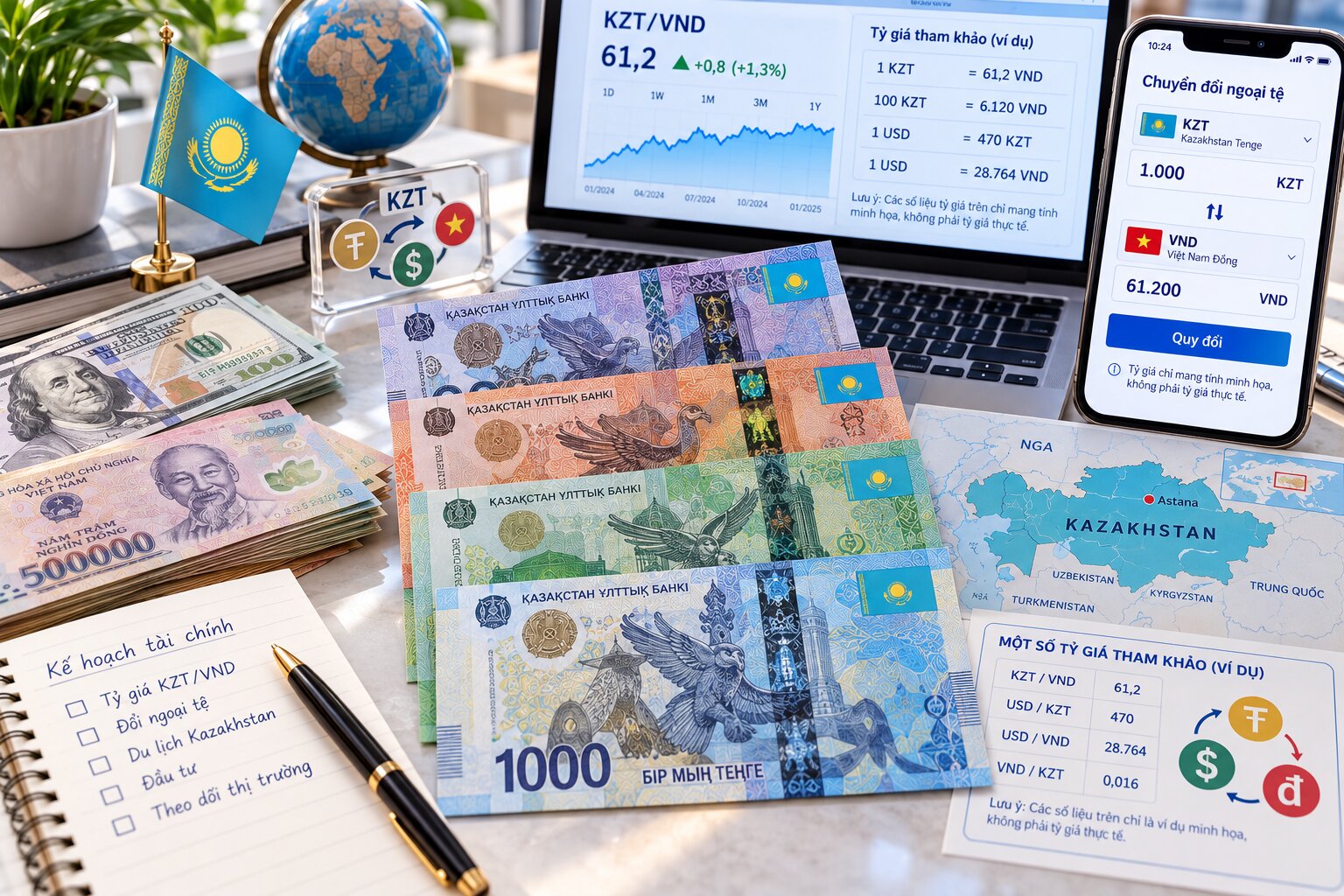 Tiền Tenge Kazakhstan đặt cạnh VND và USD cùng điện thoại hiển thị bảng tỷ giá KZT/VND giả định để minh họa cách quy đổi