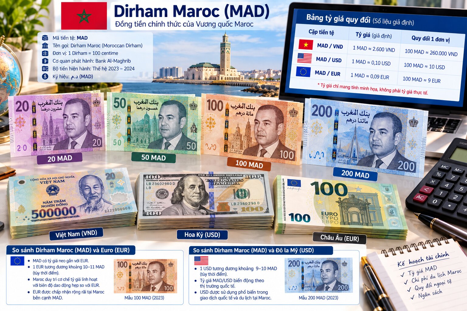 Tiền Dirham Maroc MAD đặt cạnh tiền Việt Nam, USD và Euro cùng bảng tỷ giá giả định, minh họa cách đổi tiền Maroc