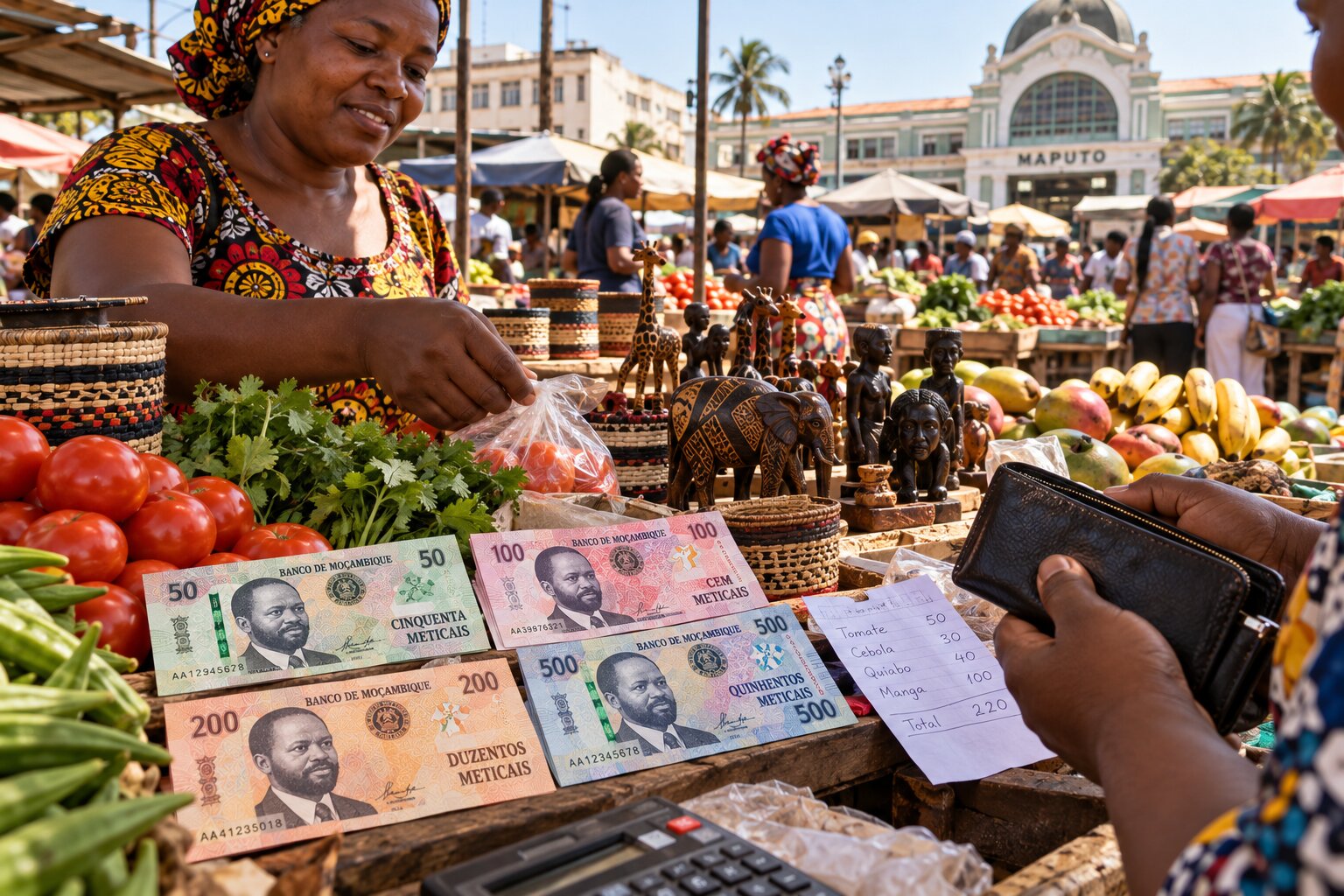 Tiền Metical Mozambique gồm các tờ 50, 100, 200 và 500 MZN đặt trên quầy hàng tại khu chợ truyền thống ở Maputo