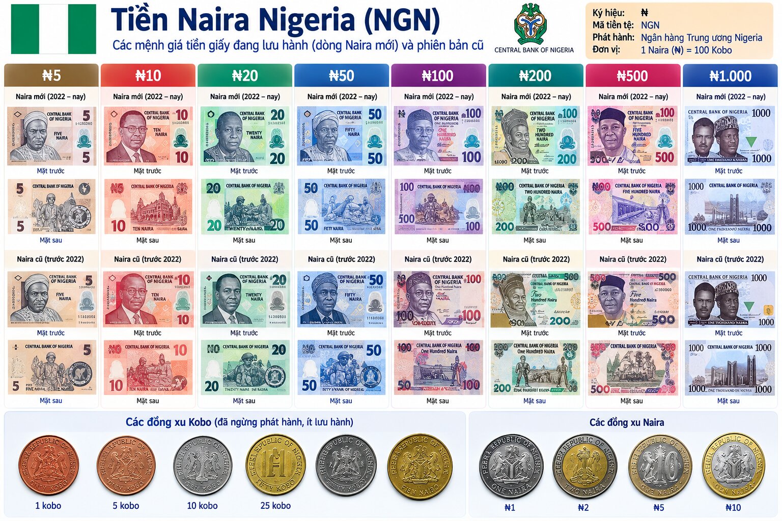 Các mệnh giá tiền Naira Nigeria NGN từ 5 đến 1000 Naira cùng tiền xu kobo, thể hiện thiết kế và nhân vật lịch sử Nigeria