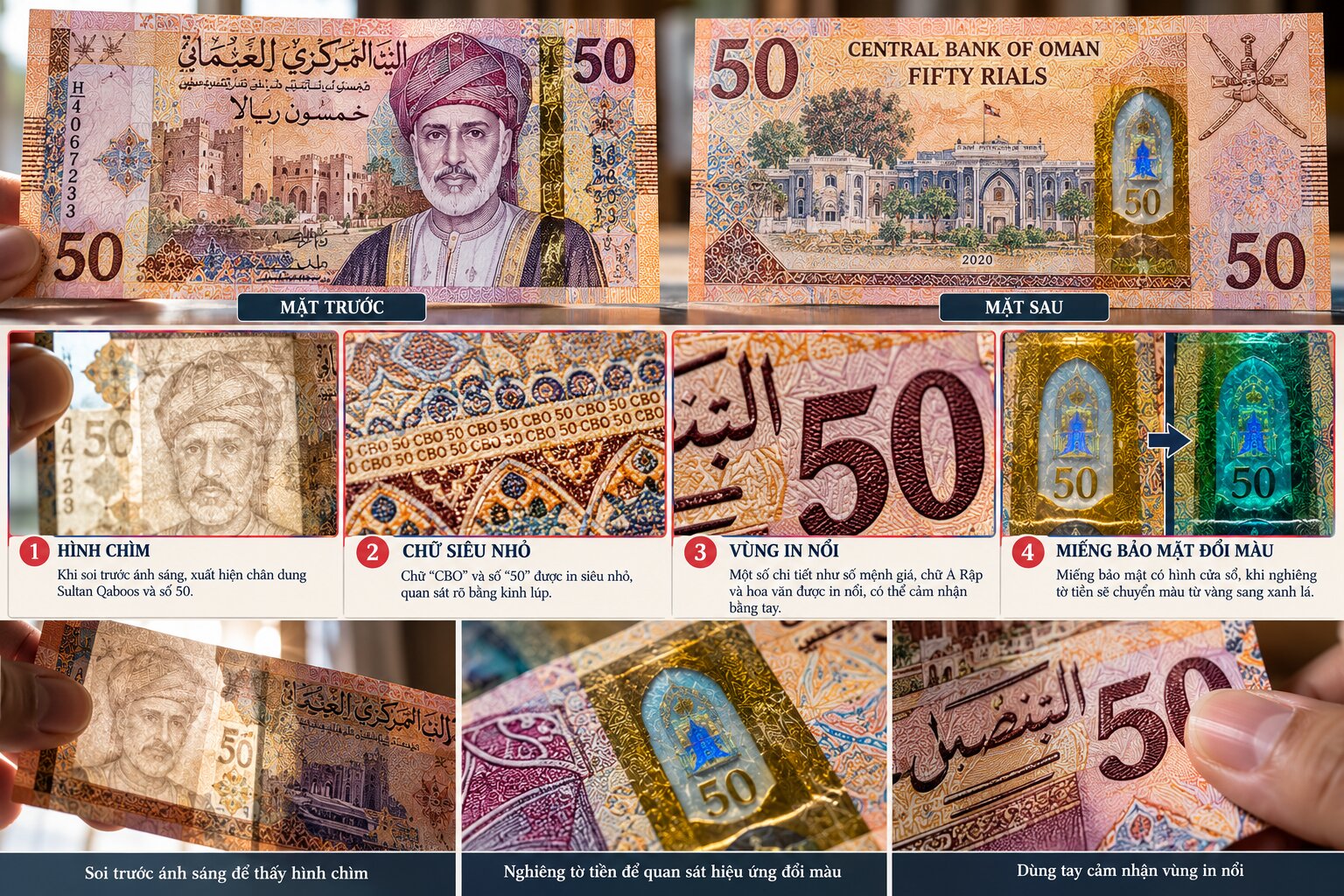 Chi tiết bảo mật tiền Rial Oman 50 OMR gồm hình chìm, in nổi, chữ siêu nhỏ và hiệu ứng đổi màu