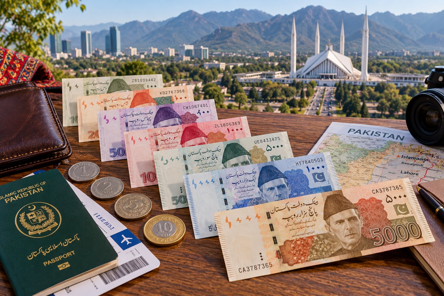 Tiền giấy và tiền xu Rupee Pakistan đặt cạnh ví, thẻ ngân hàng và bản đồ du lịch, minh họa cách sử dụng PKR trong giao dịch hằng ngày