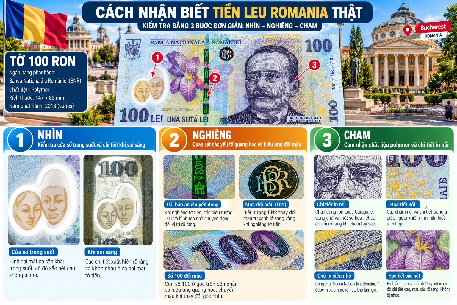 Hướng dẫn nhận biết tiền Leu Romania thật bằng cách kiểm tra cửa sổ trong suốt, hiệu ứng quang học và chi tiết in nổi