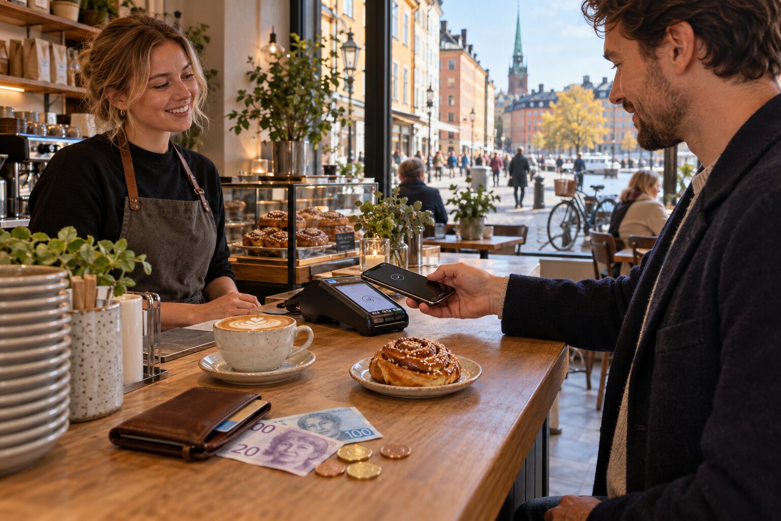 Khách thanh toán tại quán cà phê Stockholm bằng máy POS, bên cạnh ví, điện thoại và tiền Krona Thụy Điển hiện hành