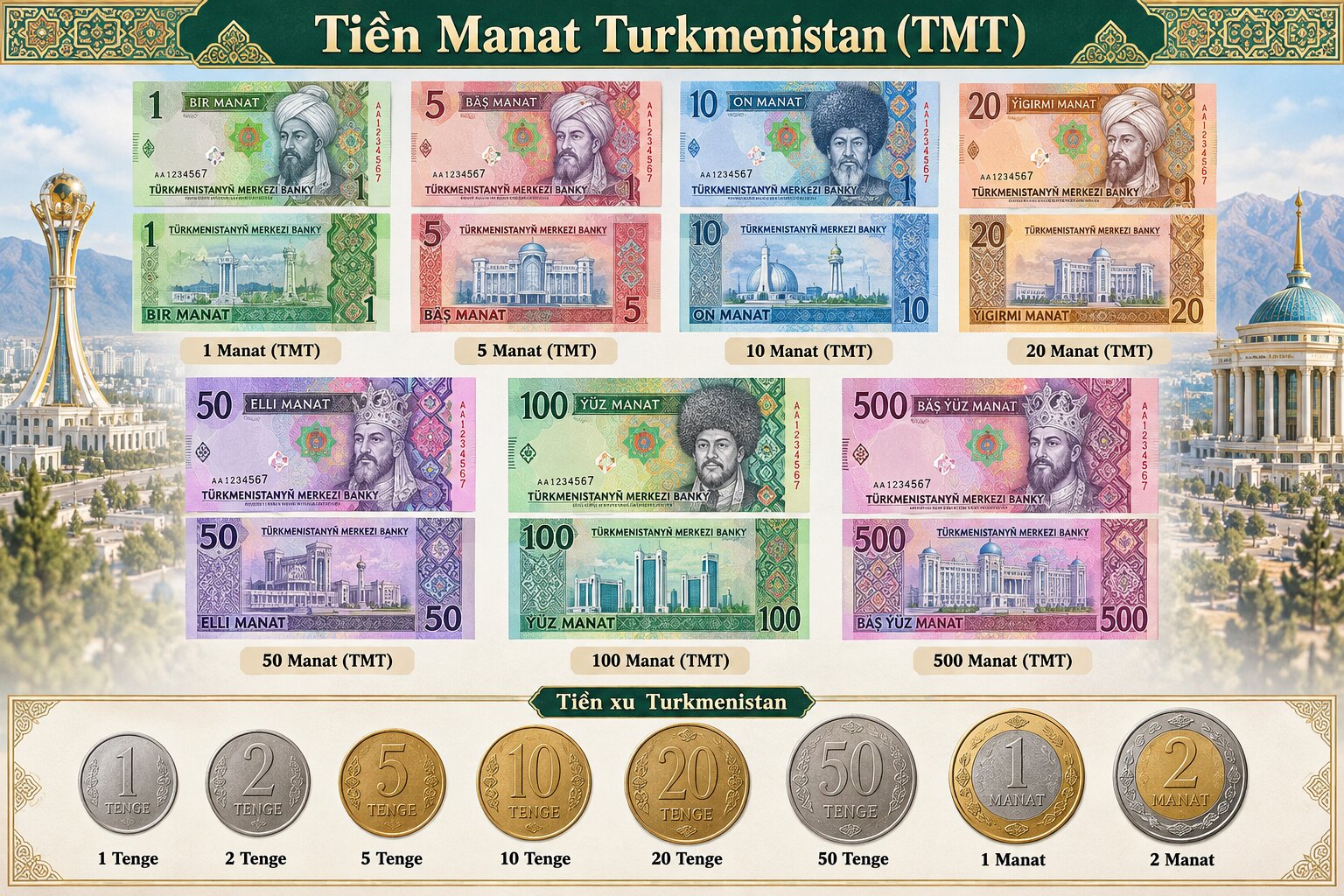 Bộ sưu tập tiền Manat Turkmenistan gồm các tờ 1, 5, 10, 20, 50, 100, 500 TMT và tiền xu Tenge với thiết kế đặc trưng