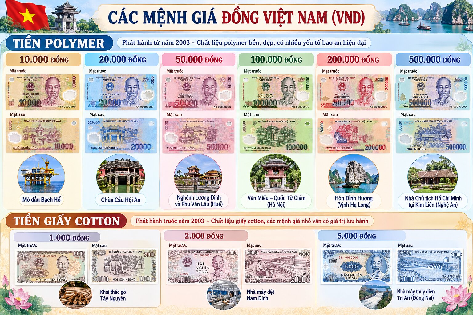Bộ tiền Việt Nam gồm các mệnh giá polymer và cotton, thể hiện chân dung Hồ Chí Minh cùng những công trình lịch sử nổi tiếng