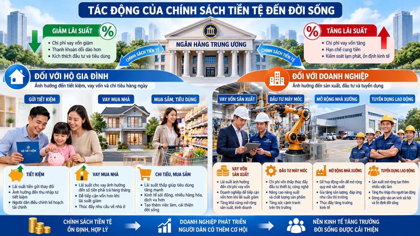 Minh họa tác động của chính sách tiền tệ đến lãi suất tiết kiệm, khoản vay mua nhà, hoạt động sản xuất và đầu tư doanh nghiệp