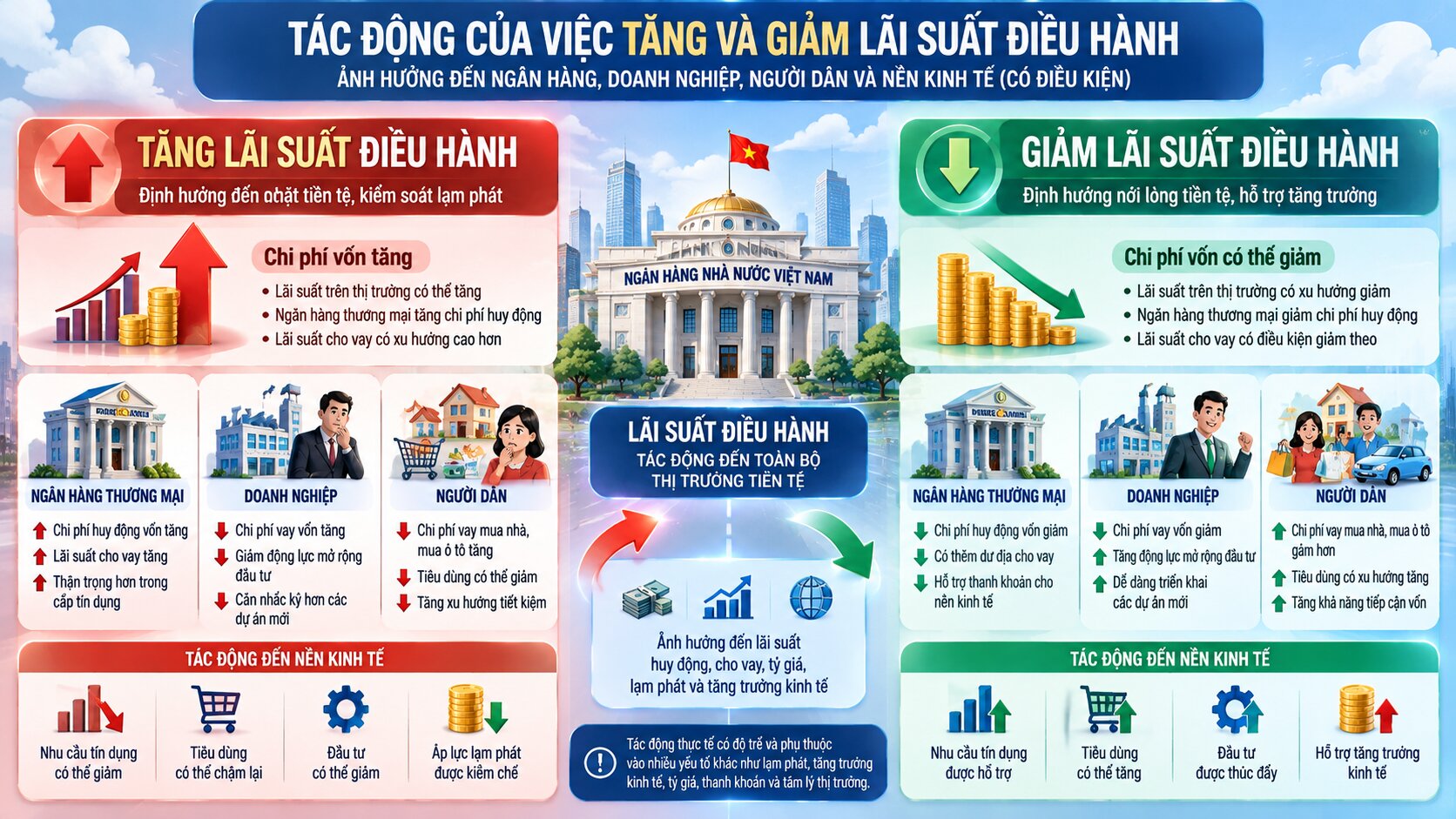 Infographic so sánh tác động tăng và giảm lãi suất điều hành đến ngân hàng, doanh nghiệp, người tiêu dùng và nền kinh tế