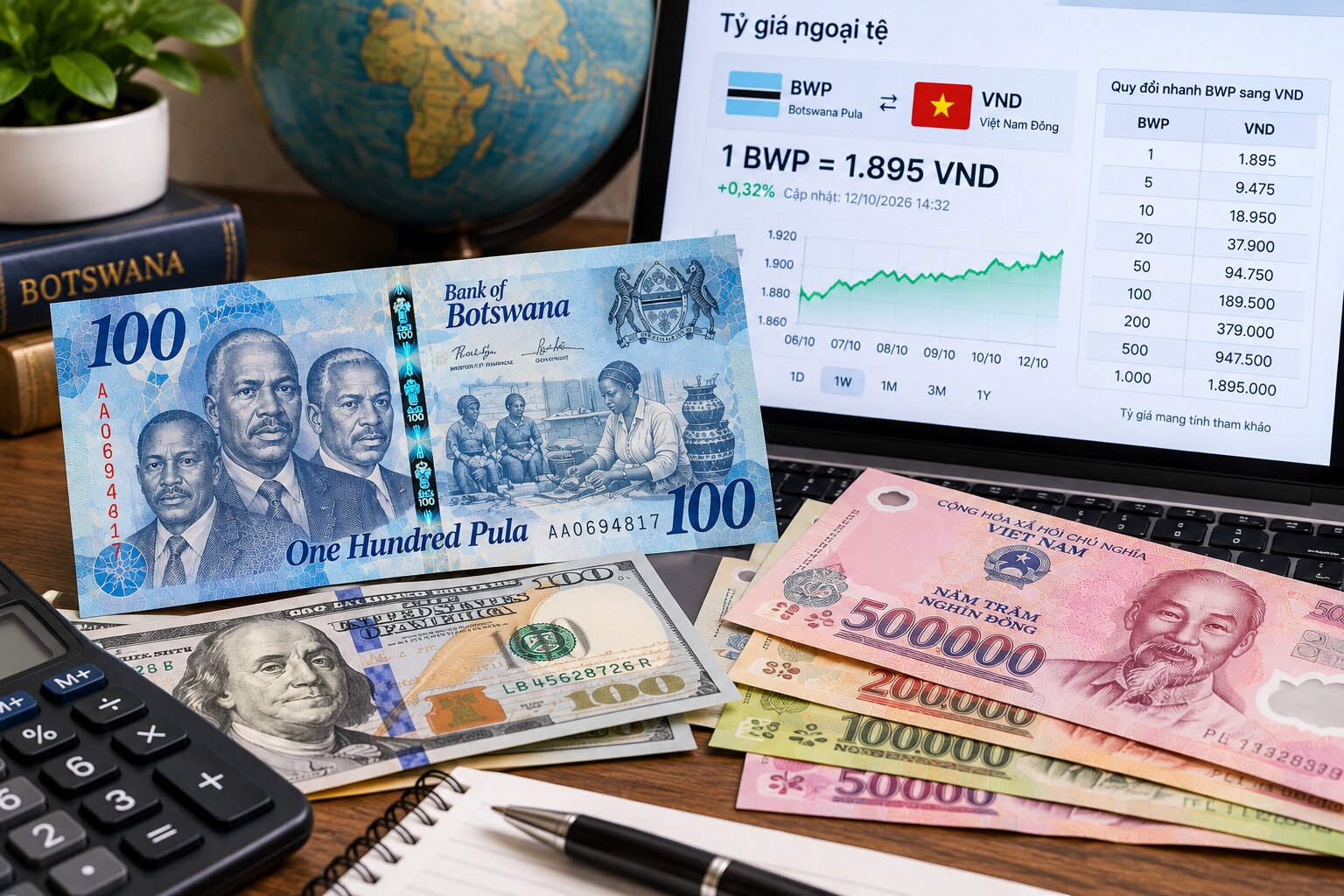 Tờ 100 Pula Botswana đặt cạnh tiền Việt Nam, đô la Mỹ và máy tính với bảng tỷ giá BWP sang VND trên màn hình điện tử