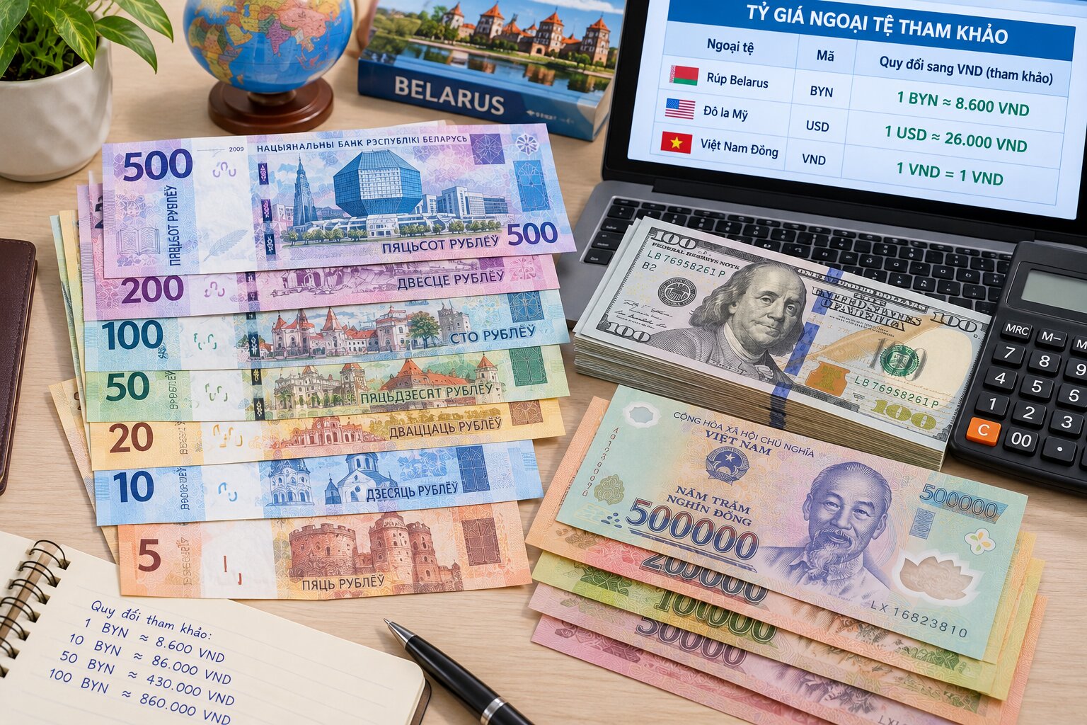 Tiền giấy Rúp Belarus BYN đặt cạnh đô la Mỹ, tiền Việt Nam và máy tính tỷ giá minh họa cách quy đổi ngoại tệ quốc tế
