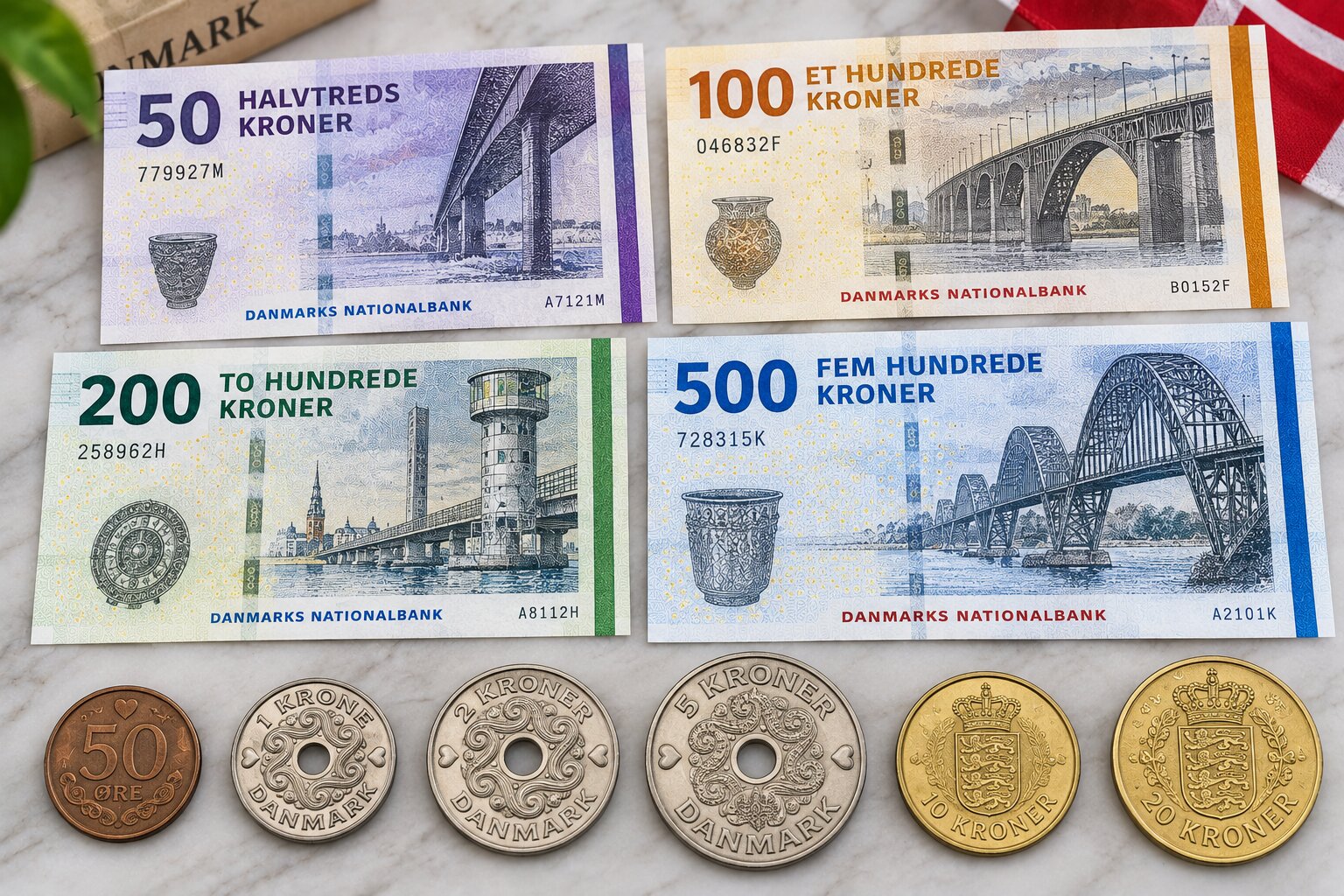 Bộ tiền Krone Đan Mạch gồm tiền giấy 50, 100, 200, 500 DKK cùng các đồng xu 50 Øre, 1, 2, 5, 10 và 20 Krone trên nền sáng