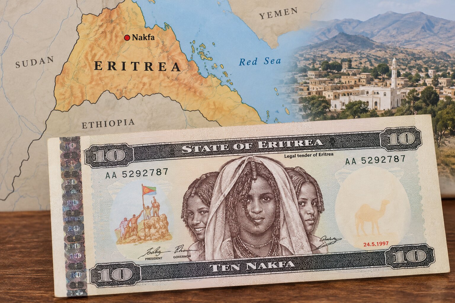 Tiền Nakfa Eritrea phát hành năm 1997 bên cạnh bản đồ quốc gia và thị trấn Nakfa, địa danh gắn với lịch sử độc lập