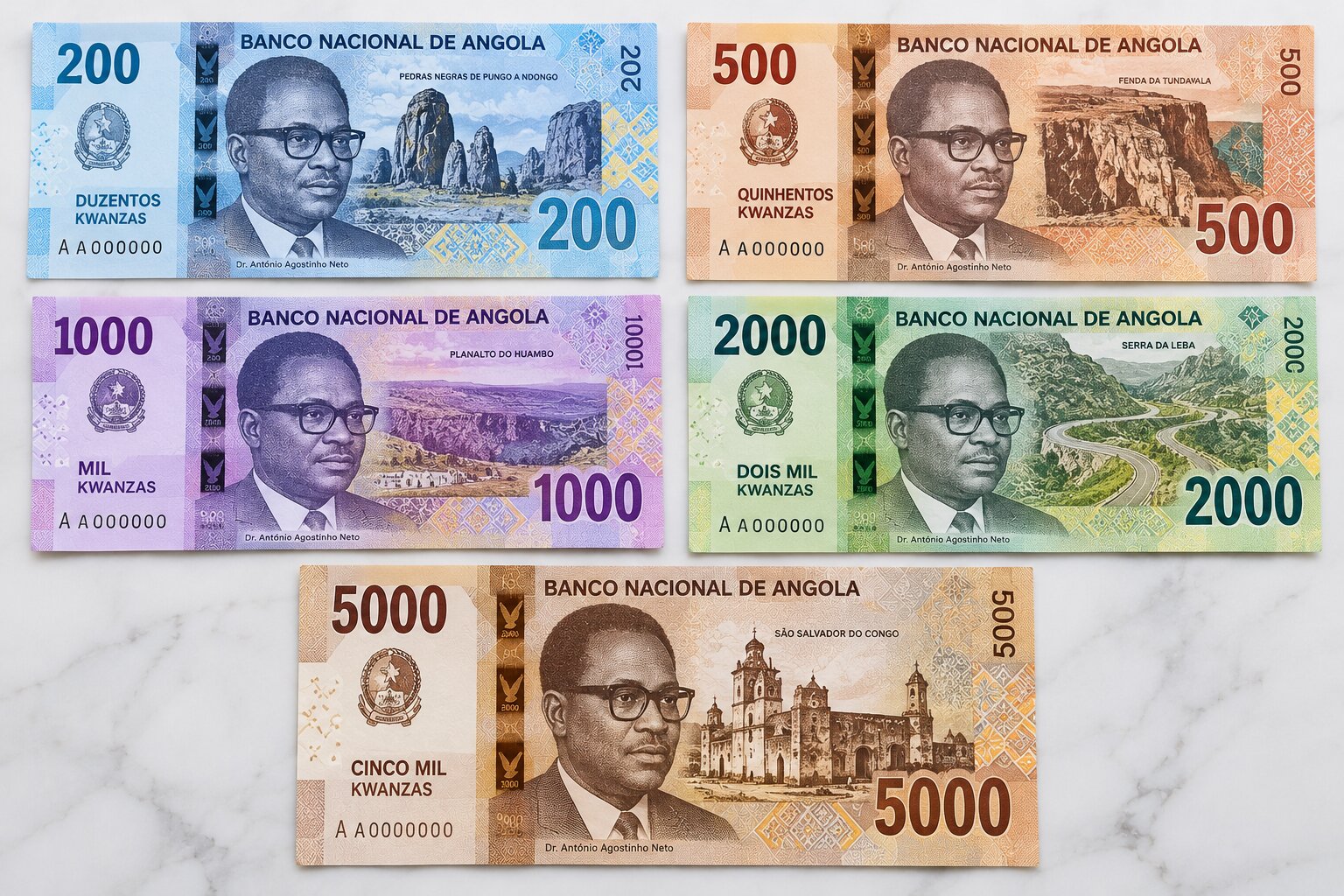 Bộ tiền giấy Kwanza Angola Series 2020 nổi bật với màu sắc đa dạng, chân dung Agostinho Neto và những danh thắng nổi tiếng