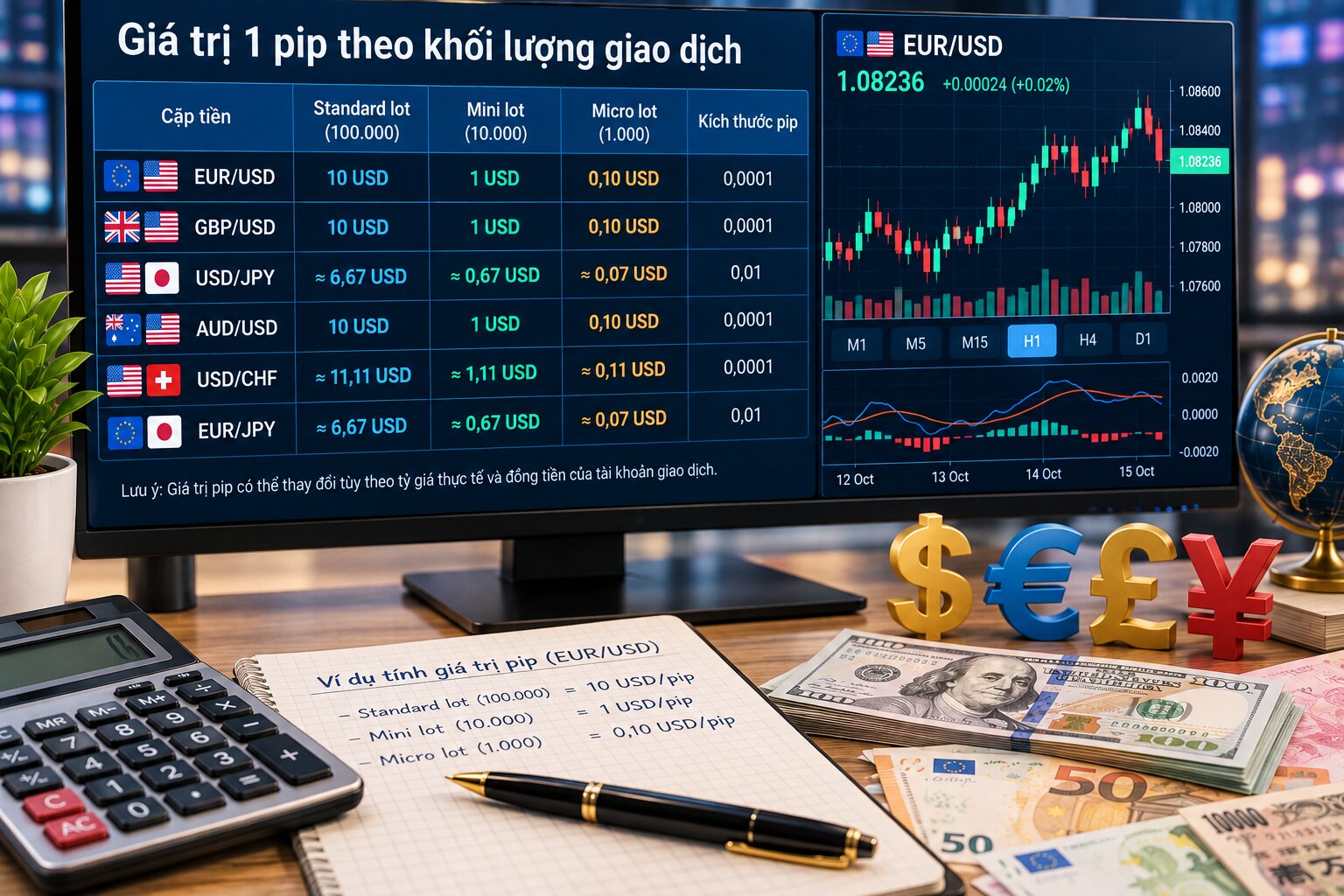 Giá trị tiền tệ của mỗi pip thay đổi theo khối lượng giao dịch, cặp tiền và đồng tiền định giá