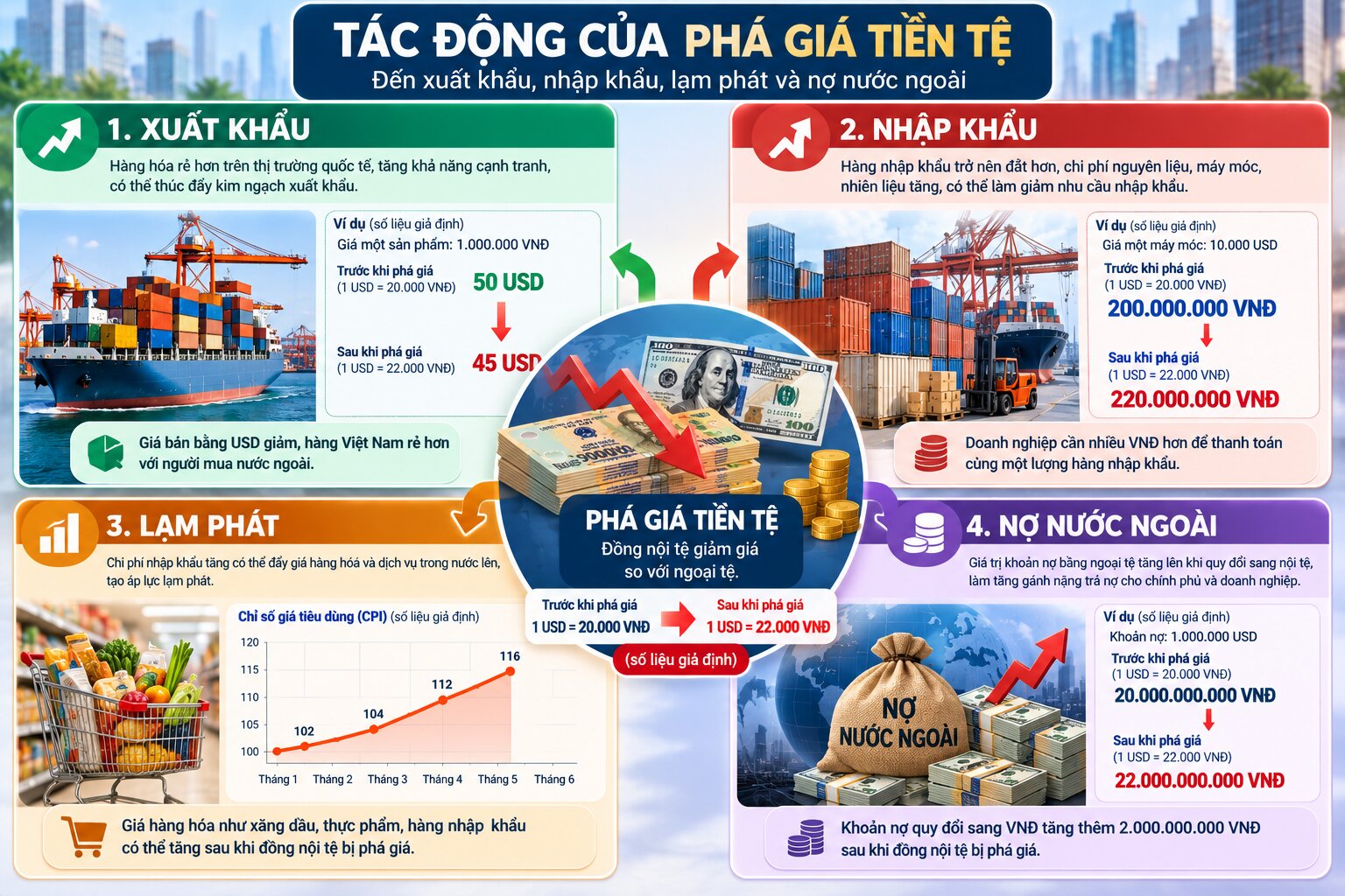 Infographic minh họa tác động của phá giá tiền tệ đến xuất khẩu, nhập khẩu, lạm phát, nợ nước ngoài và sức mua trong nền kinh tế