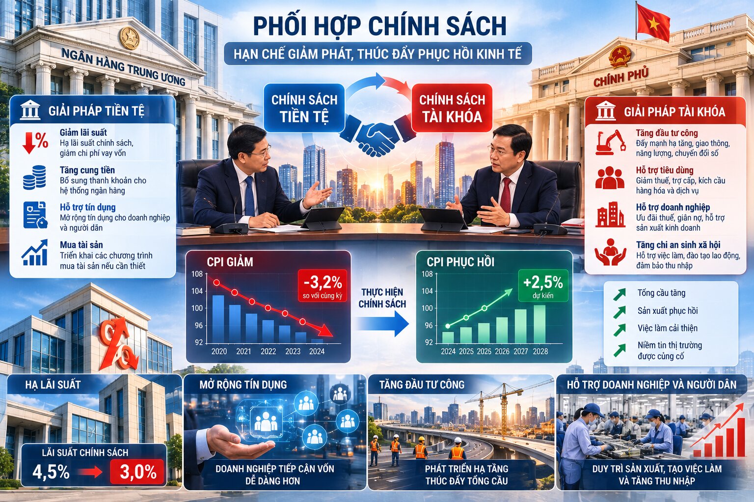 Chính sách tiền tệ và tài khóa có thể được phối hợp để hạn chế nguy cơ giảm phát kéo dài do tổng cầu suy yếu