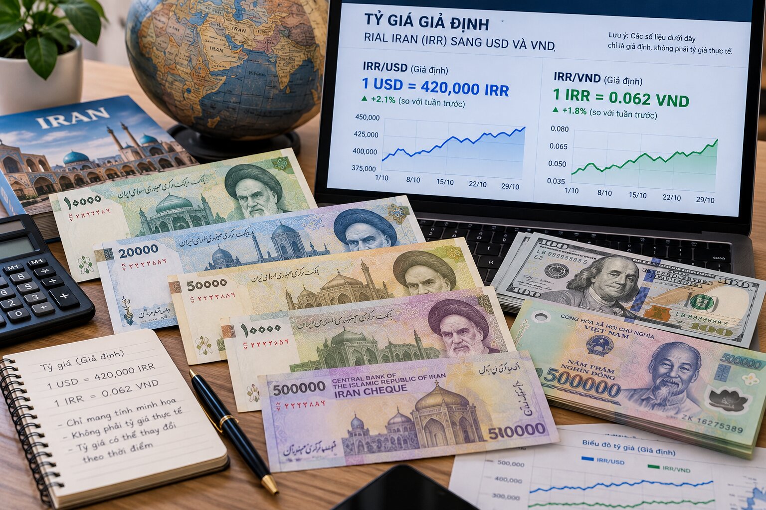 Tiền Rial Iran đặt cạnh tiền Việt Nam, đô la Mỹ và máy tính với màn hình hiển thị biểu đồ tỷ giá IRR/USD và IRR/VND