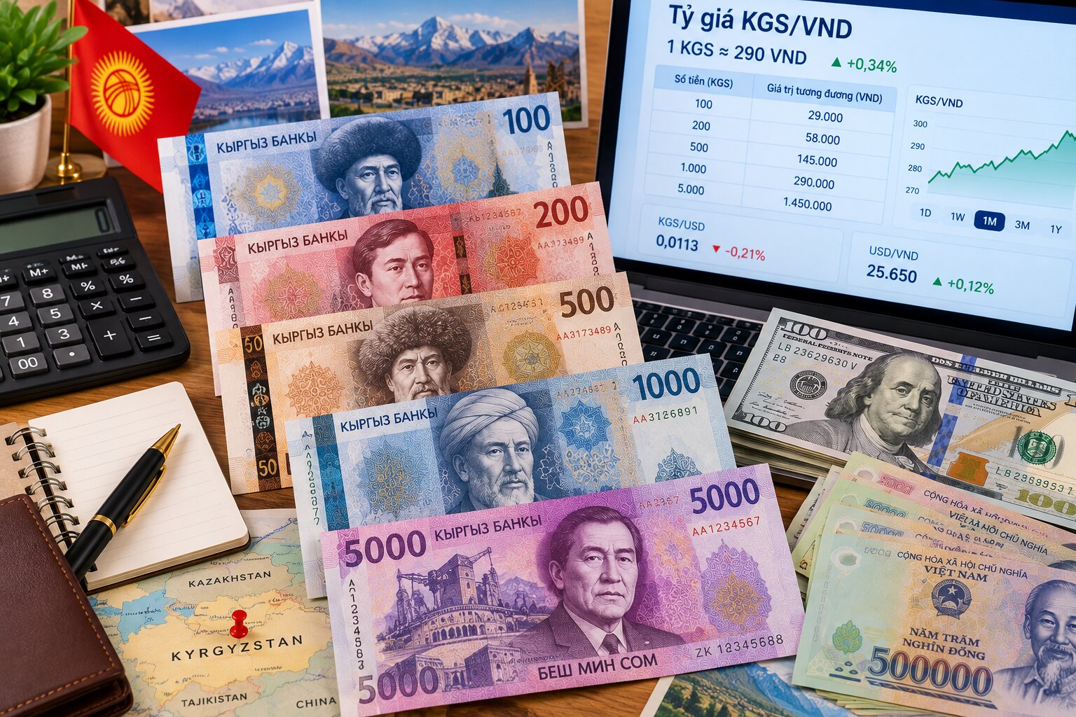 Tiền Som Kyrgyzstan đặt cạnh tiền Việt Nam, Đô la Mỹ, máy tính và bảng tỷ giá KGS/VND phục vụ đổi tiền và du lịch Trung Á