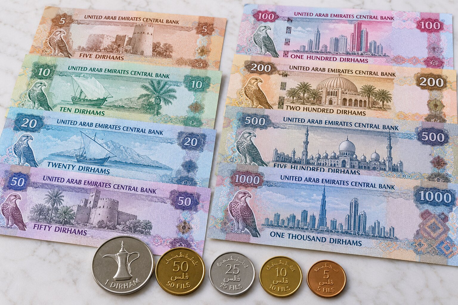 Các mệnh giá tiền Dirham UAE được sử dụng trong hoạt động thanh toán và giao dịch tại Dubai, Abu Dhabi