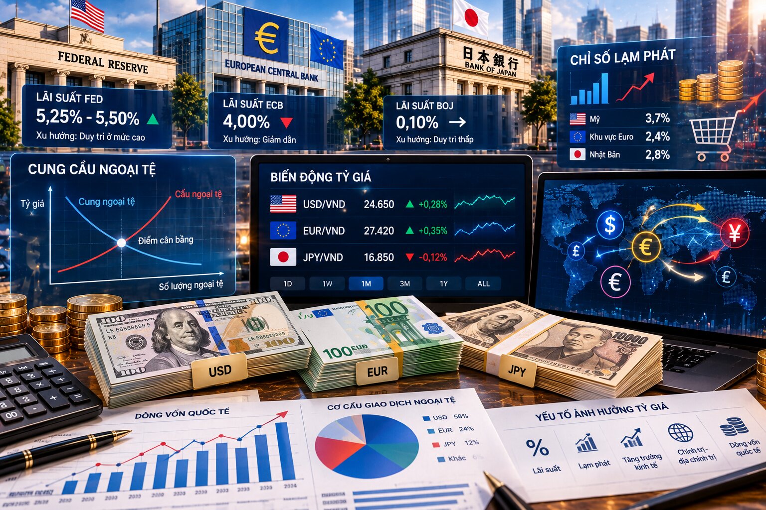 Minh họa các yếu tố ảnh hưởng tỷ giá mua vào bán ra gồm USD, Euro, Yên Nhật, lãi suất, lạm phát và biểu đồ thị trường ngoại hối