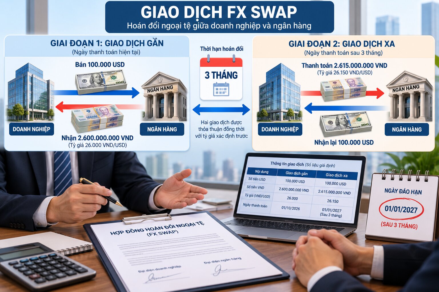 Minh họa cơ chế swap ngoại hối giữa doanh nghiệp và ngân hàng, gồm giao dịch bán USD nhận VND và mua lại USD sau ba tháng