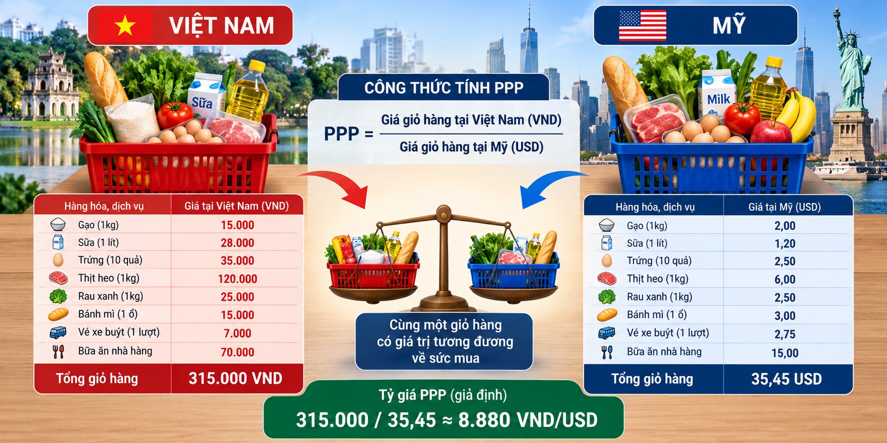 Minh họa cách tính ngang giá sức mua PPP thông qua so sánh giá một giỏ hàng hóa tại Việt Nam và Mỹ bằng VND và USD