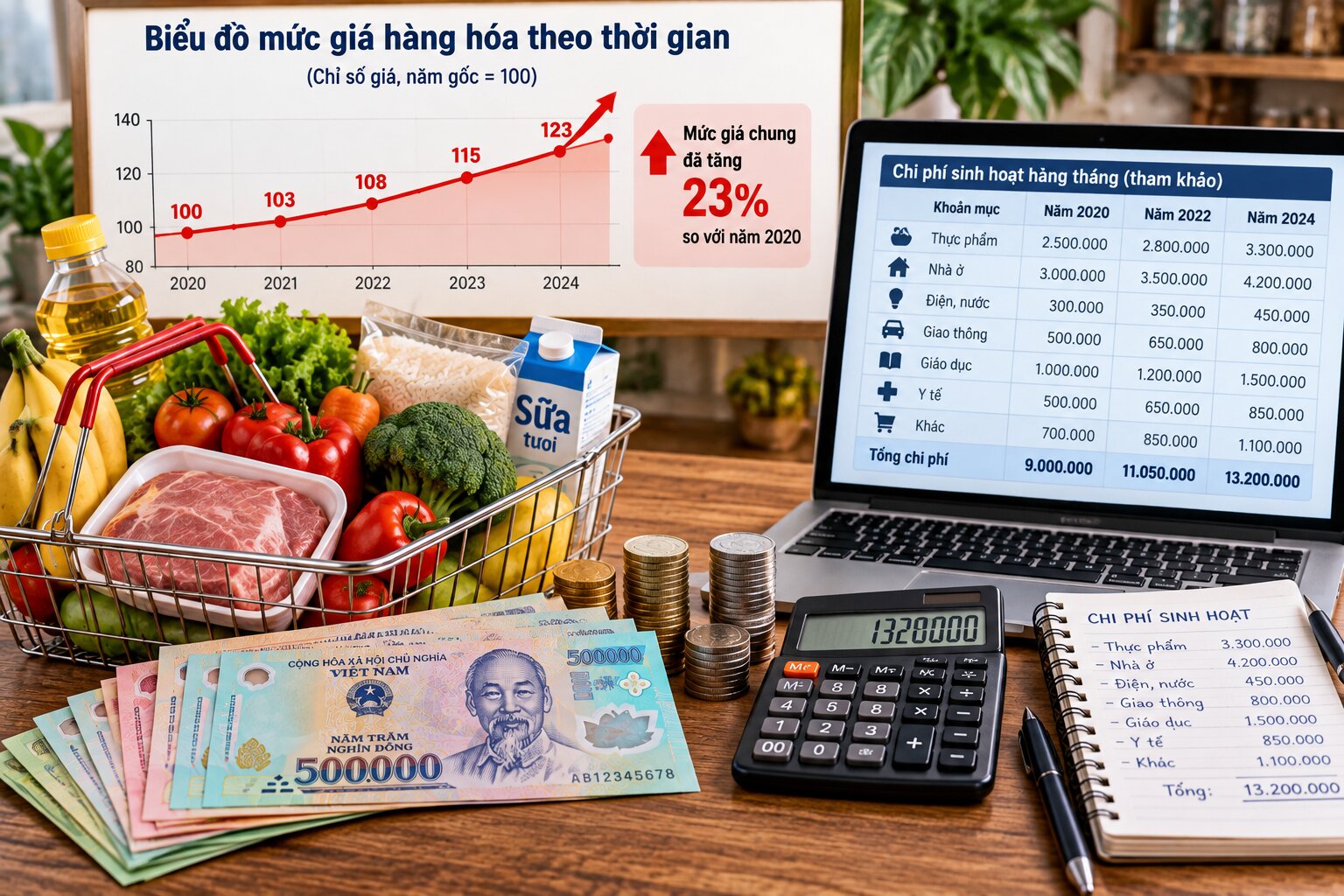 Biểu đồ lạm phát và sức mua của tiền Việt Nam bên cạnh giỏ hàng thực phẩm, minh họa tác động của giá cả đến chi tiêu hằng ngày