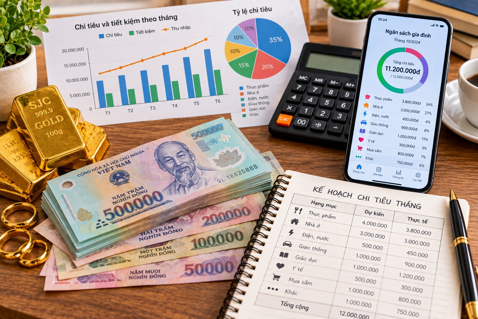 Tiền Việt Nam, vàng, máy tính và sổ kế hoạch tài chính minh họa các phương pháp quản lý tiền và bảo vệ sức mua trước lạm phát