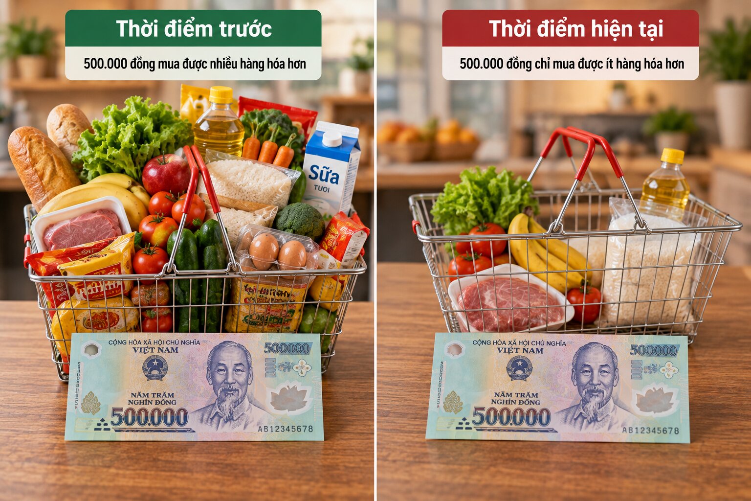 So sánh sức mua của 500.000 đồng qua hai thời điểm bằng hai giỏ hàng tiêu dùng có số lượng sản phẩm khác nhau do lạm phát