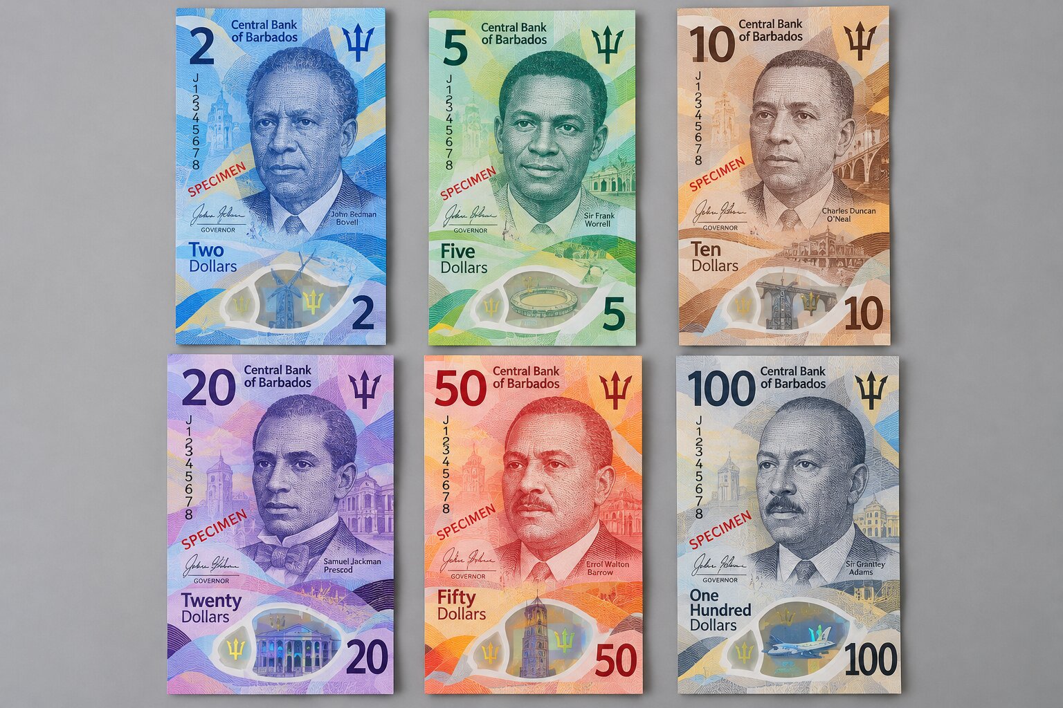 Bộ tiền Đô la Barbados gồm sáu mệnh giá 2, 5, 10, 20, 50 và 100 BBD với thiết kế polymer dọc và chân dung các nhân vật lịch sử