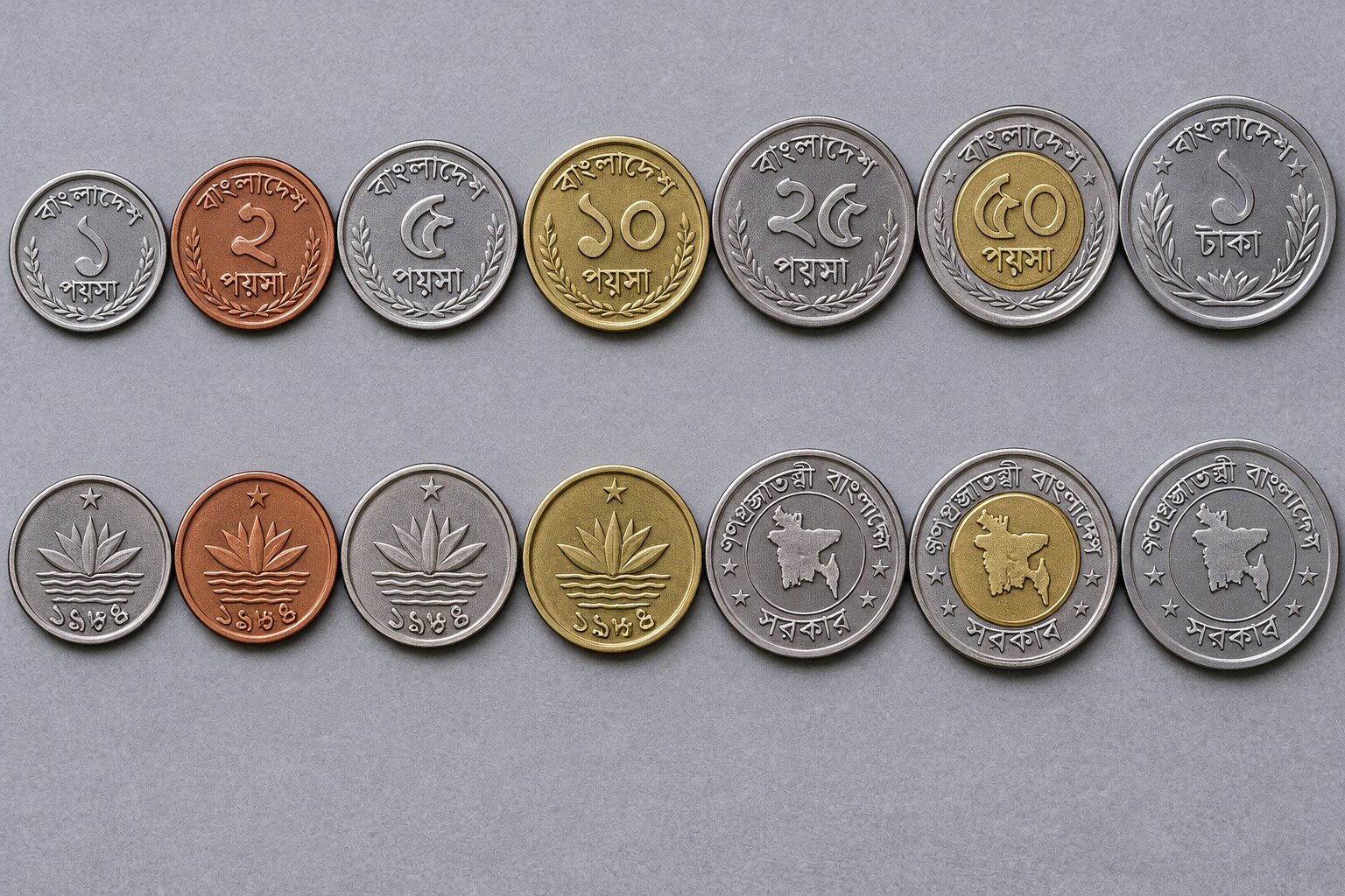 Bộ tiền xu Bangladesh gồm các mệnh giá Poisha và 1, 2, 5 Taka, thể hiện quốc huy, hoa súng và họa tiết truyền thống