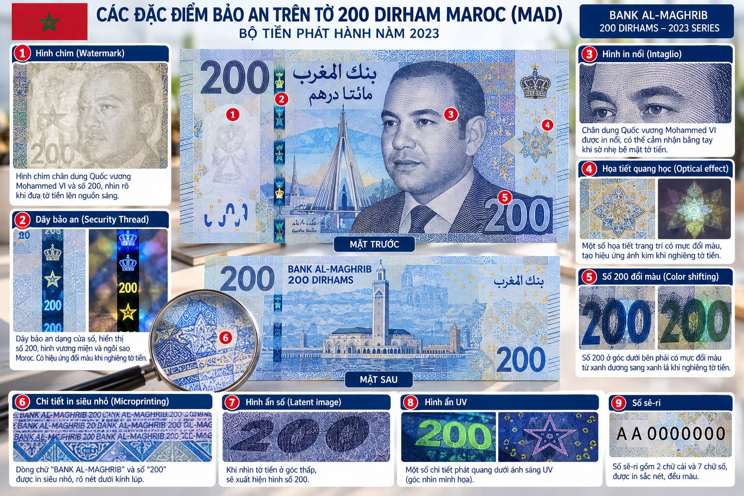 Hình cận cảnh tờ tiền 200 Dirham Maroc MAD với chân dung Mohammed VI, hình chìm, dây bảo an và các chi tiết chống giả