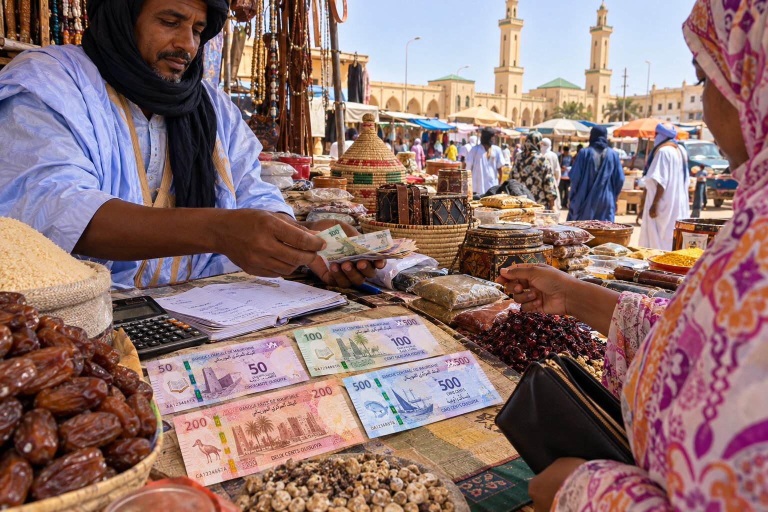 Tiền Ouguiya Mauritania gồm các tờ 50, 100, 200 và 500 MRU trên quầy hàng tại khu chợ truyền thống ở Nouakchott