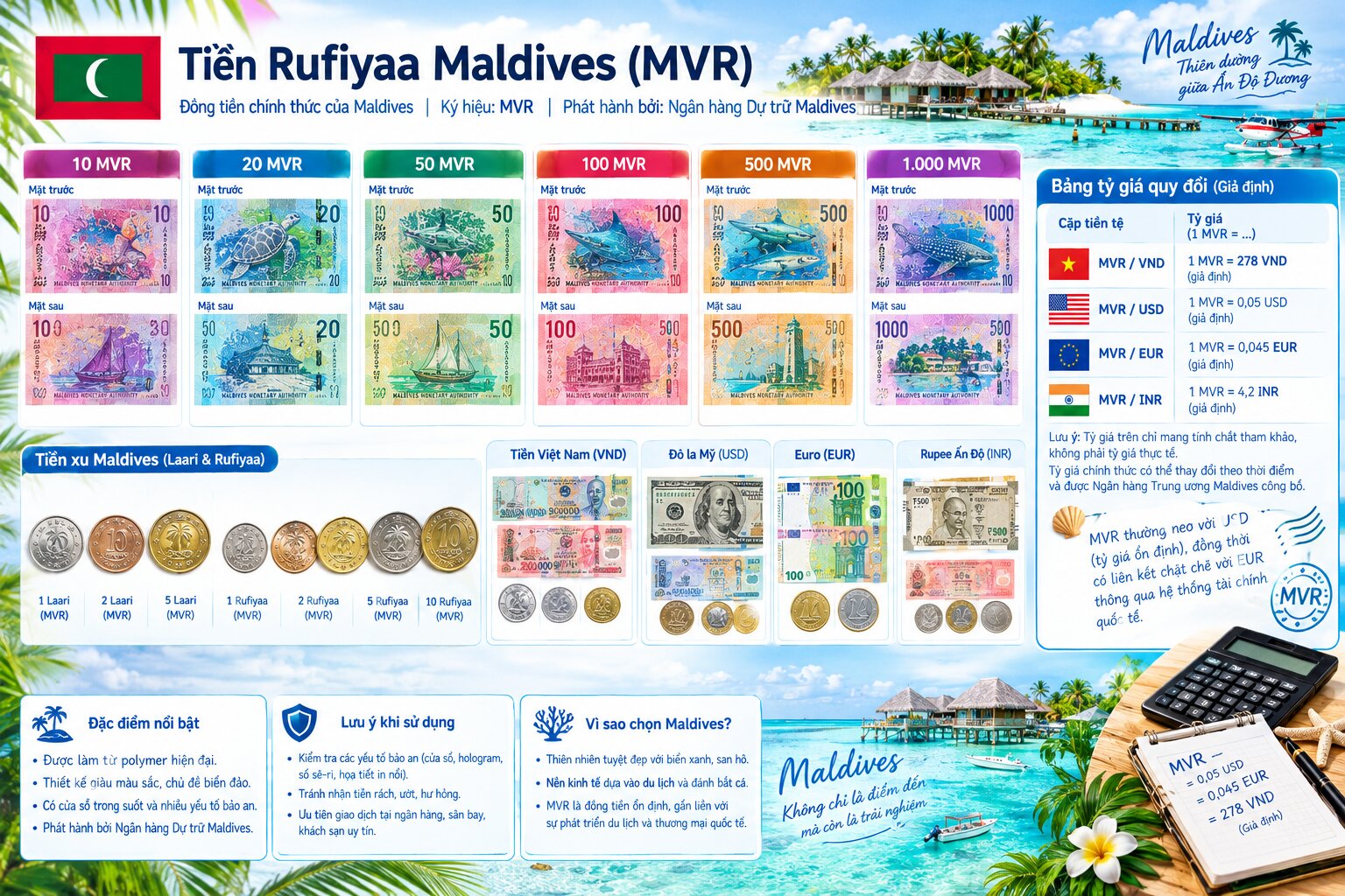Tiền Rufiyaa Maldives MVR đặt cạnh tiền Việt Nam, USD, Euro và Rupee Ấn Độ cùng bảng tỷ giá quy đổi minh họa