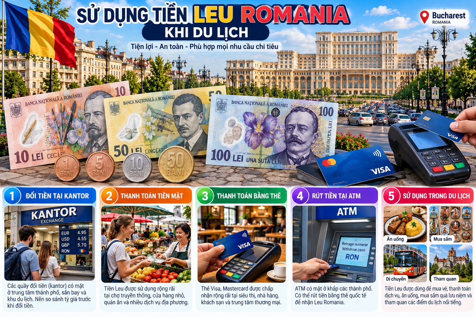 Tiền Leu Romania cùng tiền xu bani, thẻ thanh toán, máy POS và quầy đổi tiền, minh họa cách sử dụng RON khi du lịch Romania
