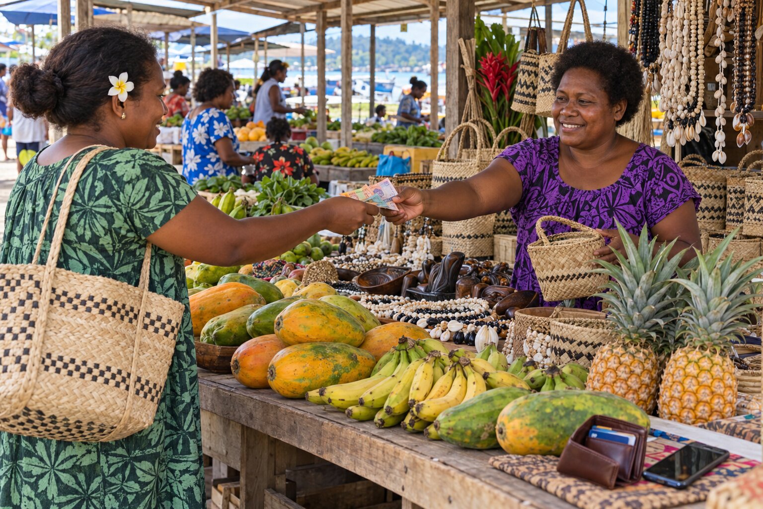 Người mua sử dụng tiền Đô la Solomon tại chợ Honiara, bên cạnh quầy trái cây, đồ thủ công và các phương tiện thanh toán