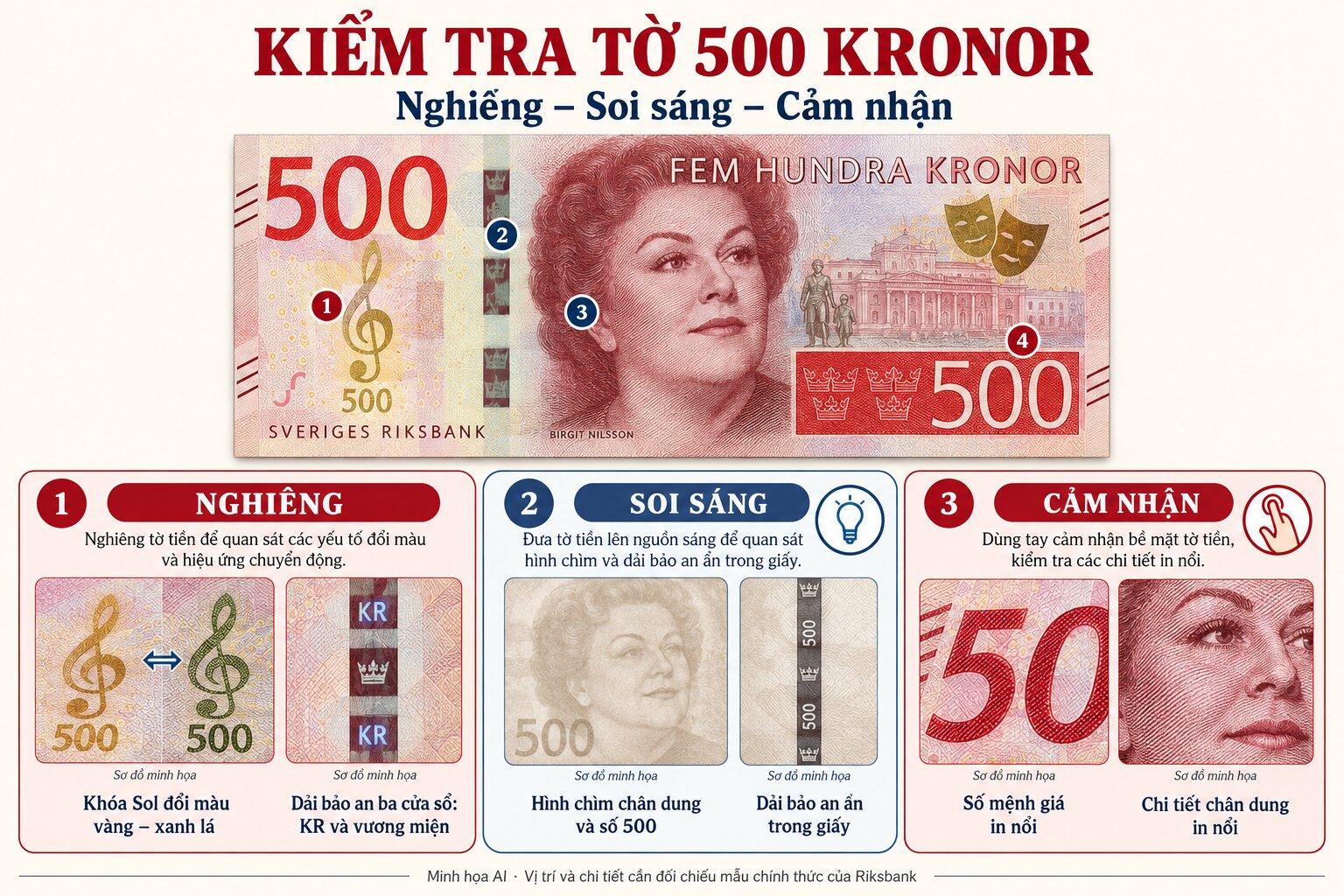 Infographic nhận biết tiền 500 kronor Thụy Điển qua thao tác nghiêng, soi sáng và cảm nhận các đặc điểm bảo an