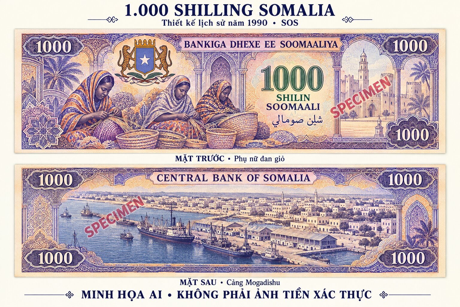 Hai mặt tờ 1.000 Shilling Somalia năm 1990 với phụ nữ đan giỏ ở mặt trước và cảng Mogadishu ở mặt sau