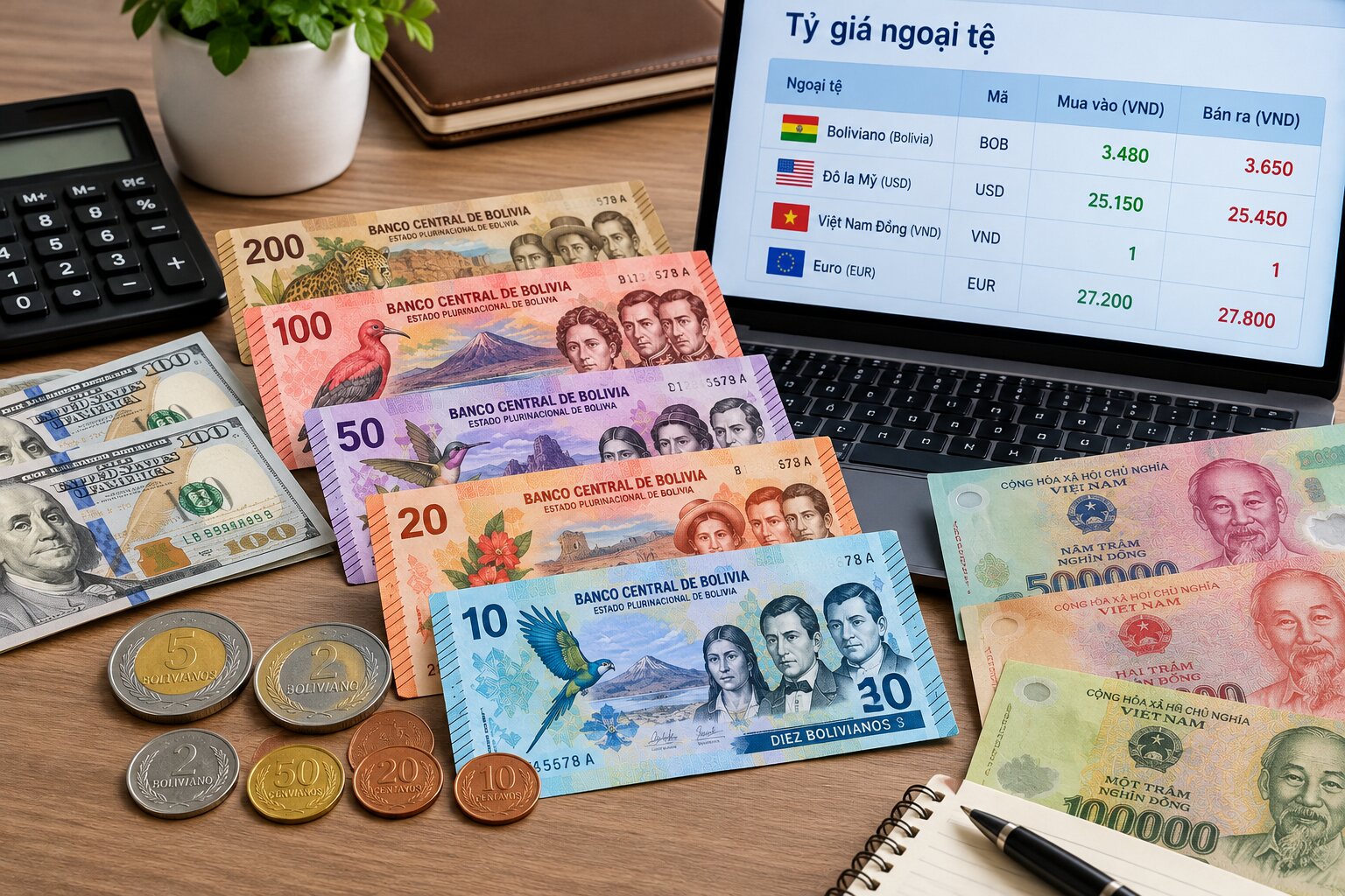 Tiền Boliviano Bolivia đặt cạnh tiền Việt Nam, đô la Mỹ và máy tính tỷ giá, minh họa cách quy đổi BOB sang VND khi giao dịch
