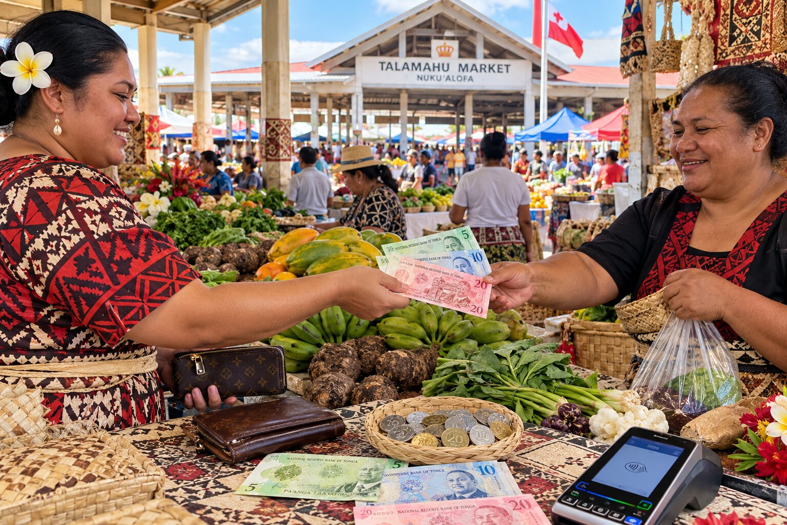 Người dân sử dụng tiền Paʻanga Tonga tại chợ Talamahu ở Nukuʻalofa với các tờ TOP, tiền xu Seniti và hàng hóa địa phương