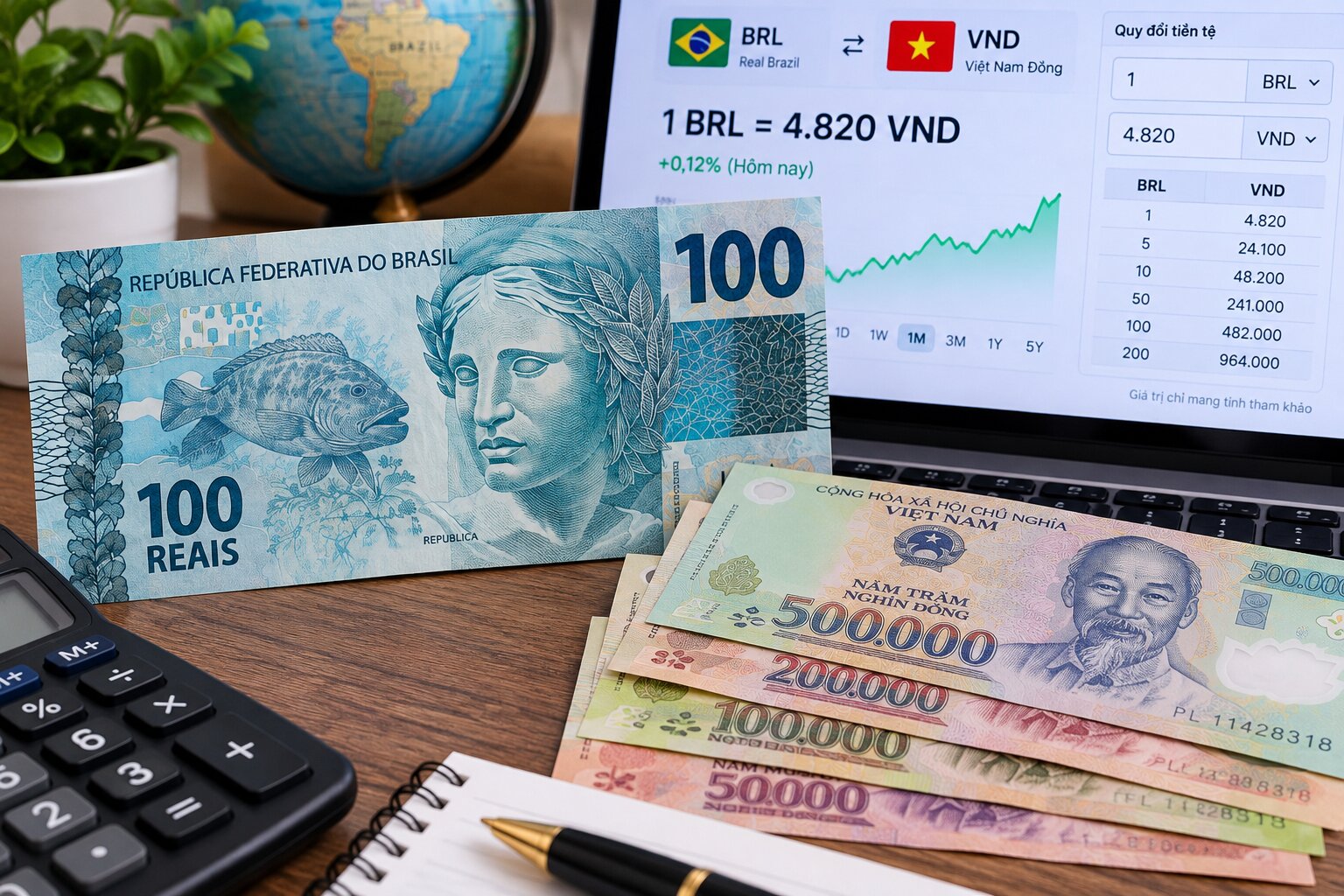 Tờ 100 Real Brazil đặt cạnh tiền Việt Nam, máy tính và bảng tỷ giá BRL sang VND, minh họa cách quy đổi tiền Brazil sang tiền Việt Nam