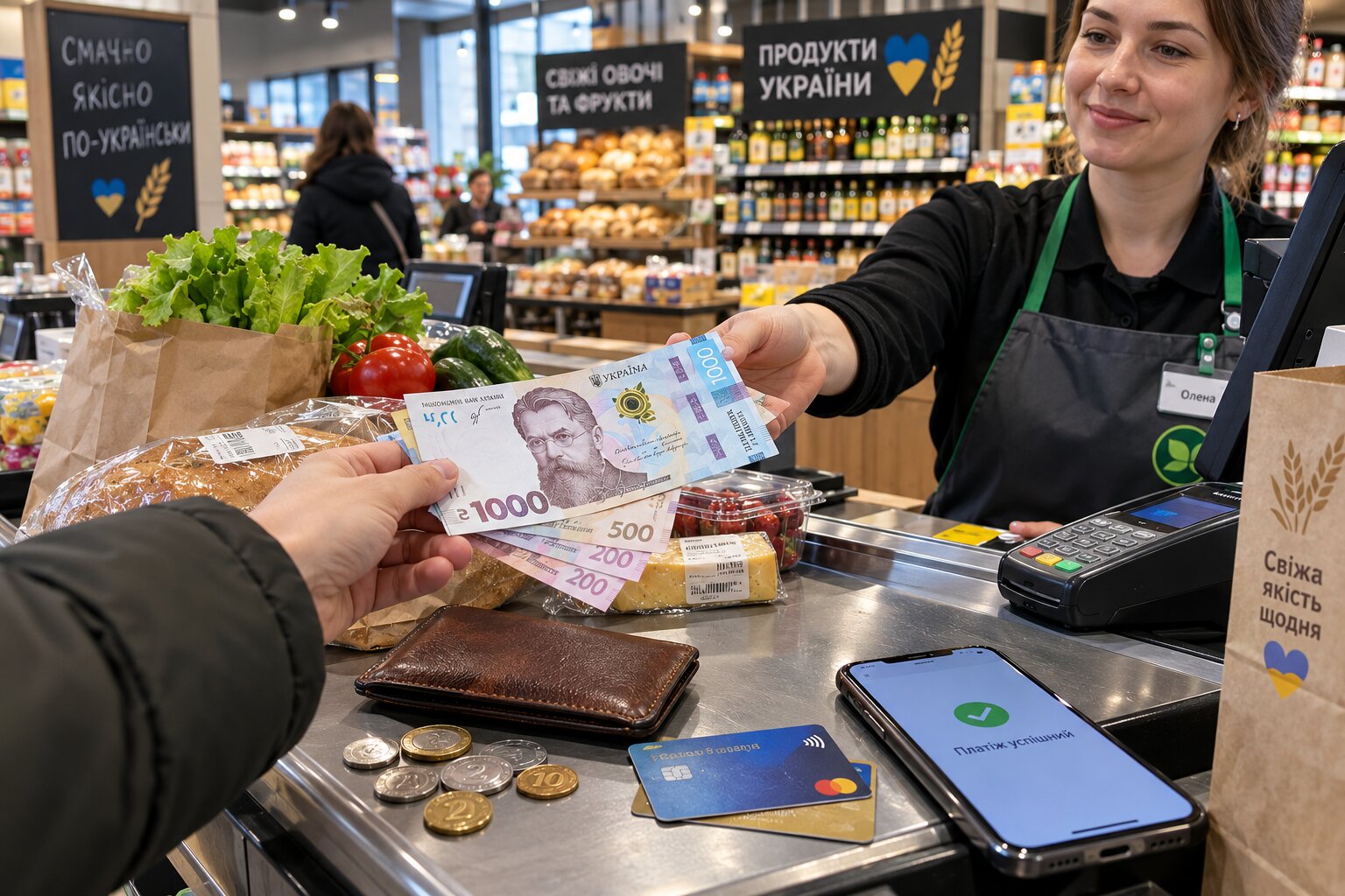 Hình ảnh sử dụng tiền Hryvnia Ukraine trong giao dịch mua sắm tại cửa hàng, kết hợp tiền giấy, tiền xu và thanh toán điện tử