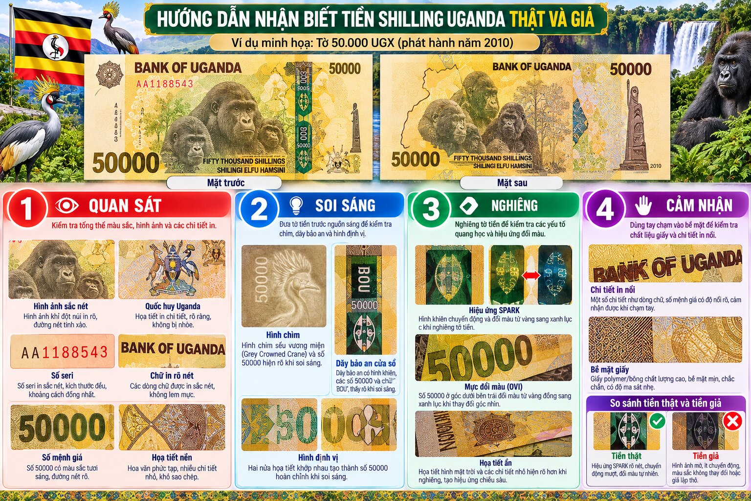 Infographic nhận biết tiền Shilling Uganda 50.000 UGX thật và giả qua hình chìm chim sếu, dây bảo an và hiệu ứng SPARK