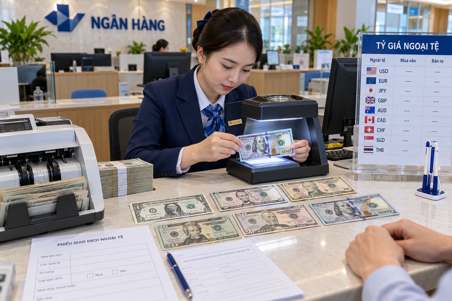 Nhân viên ngân hàng kiểm tra tiền Đô la Mỹ tại quầy đổi ngoại tệ với các tờ USD, máy soi tiền và thiết bị đếm tiền