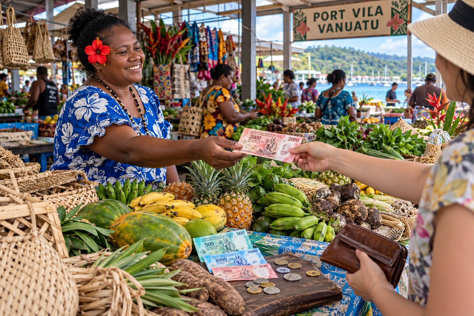 Cảnh người dân sử dụng tiền Vatu Vanuatu để mua bán trái cây và hàng hóa tại khu chợ truyền thống ở thủ đô Port Vila