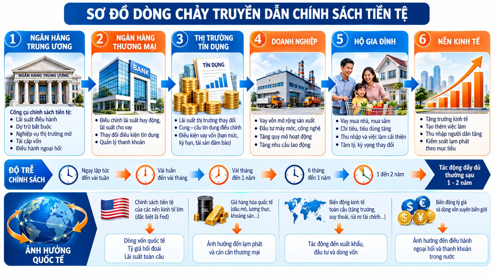 Sơ đồ cơ chế truyền dẫn chính sách tiền tệ từ ngân hàng trung ương qua hệ thống tín dụng đến tăng trưởng kinh tế và lạm phát