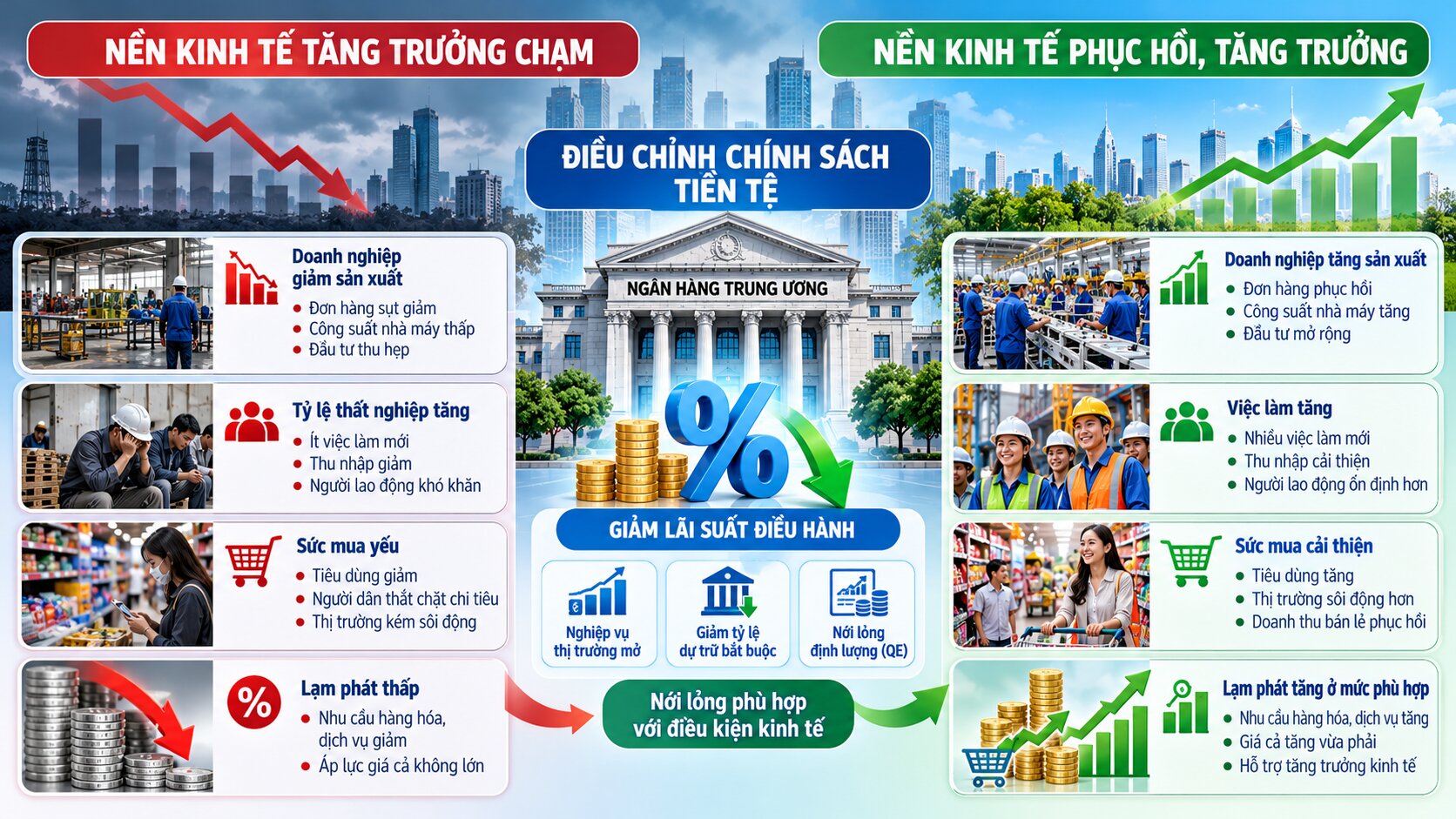 Minh họa thời điểm áp dụng chính sách tiền tệ mở rộng khi tăng trưởng chậm, thất nghiệp cao và lạm phát ở mức thấp