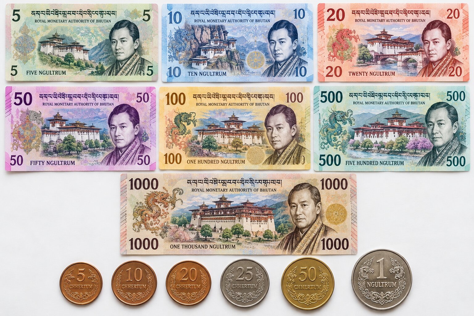 Bộ tiền Ngultrum Bhutan gồm các tờ 5, 10, 20, 50, 100, 500 và 1000 BTN cùng tiền xu Chhertum thể hiện màu sắc, hình dáng đặc trưng
