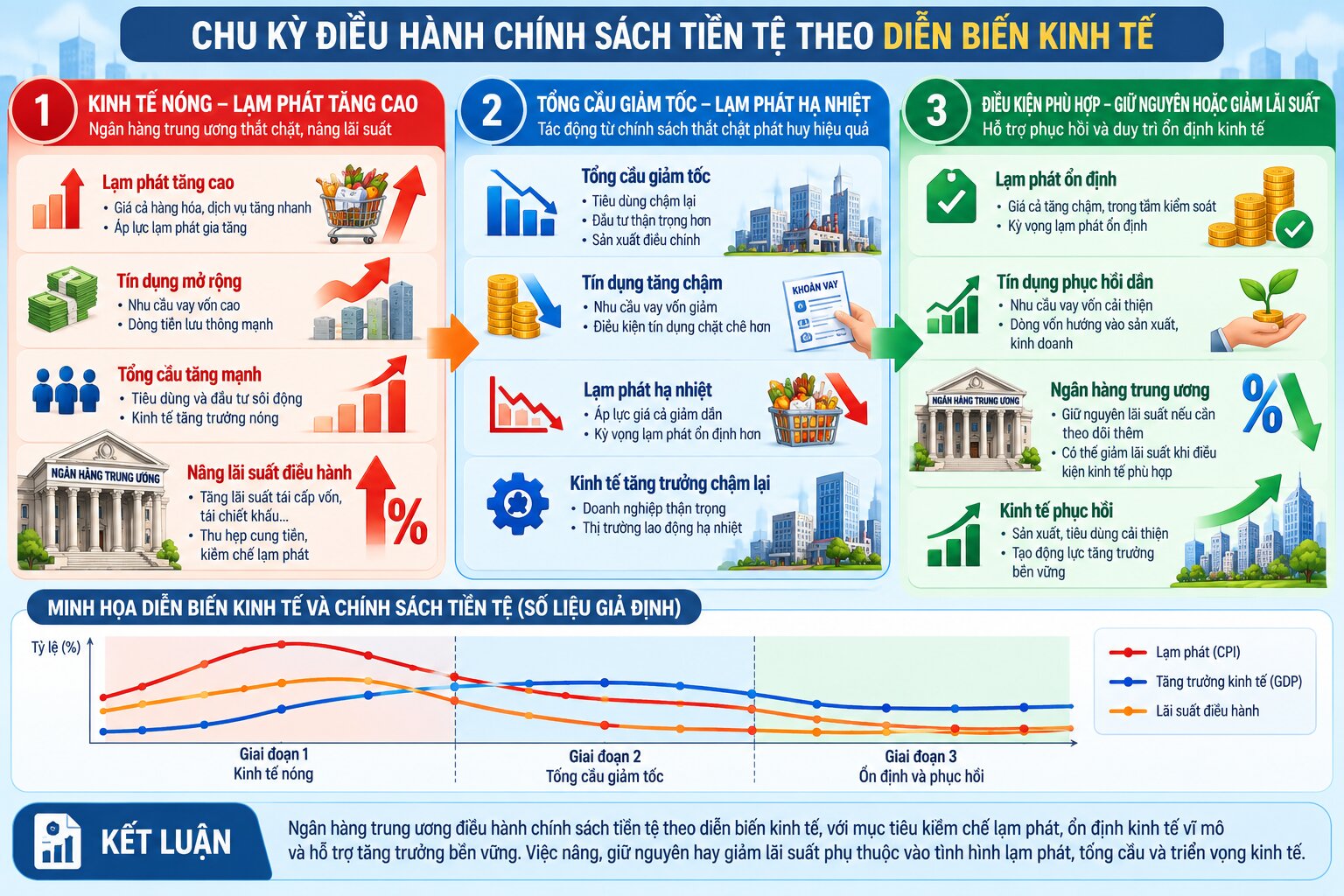 Sơ đồ chu kỳ chính sách tiền tệ thắt chặt từ giai đoạn lạm phát cao đến nâng lãi suất, giảm tổng cầu và ổn định giá cả