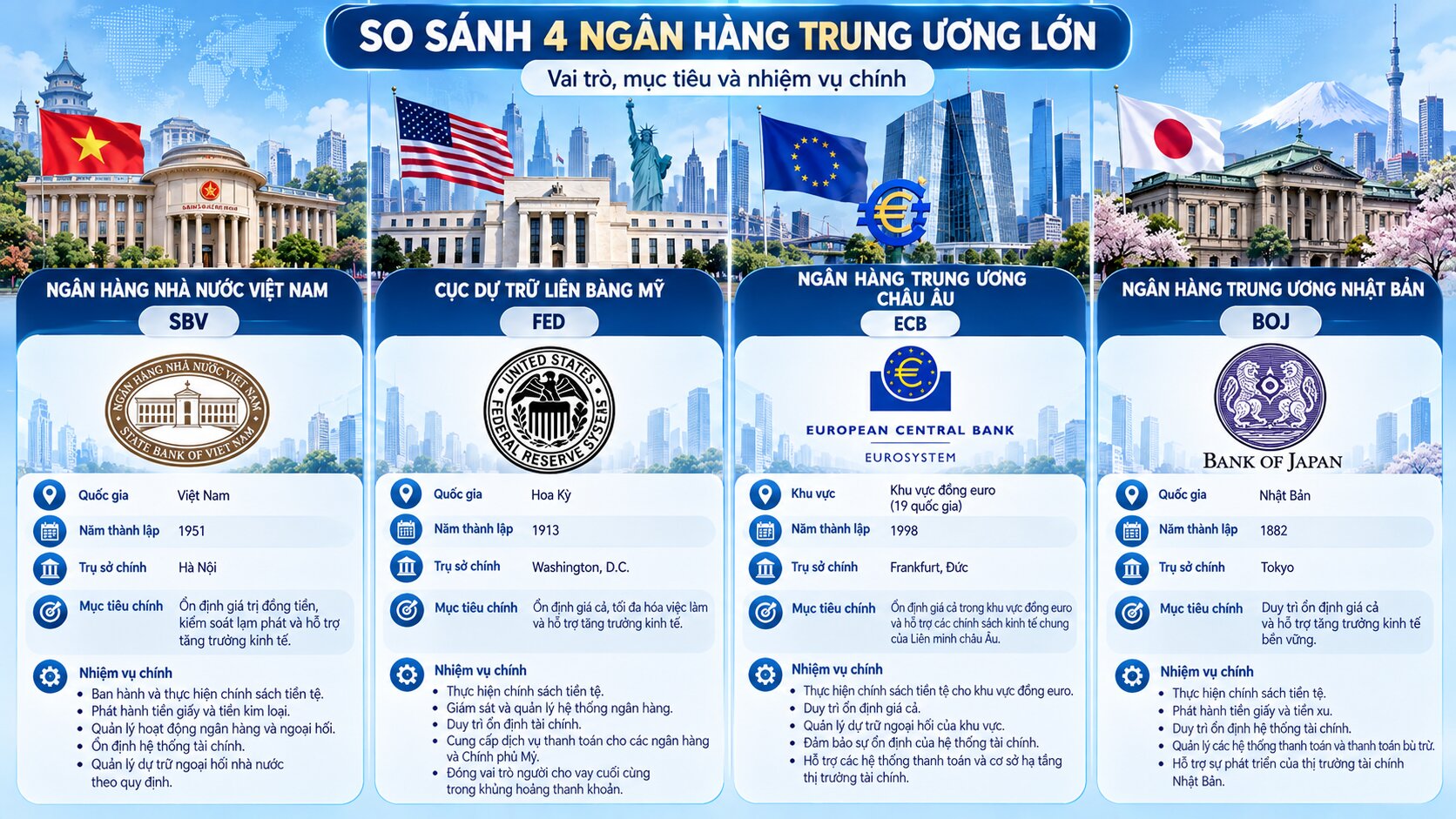  Infographic so sánh ngân hàng trung ương Việt Nam, Mỹ, châu Âu và Nhật Bản cùng vai trò điều hành chính sách tiền tệ